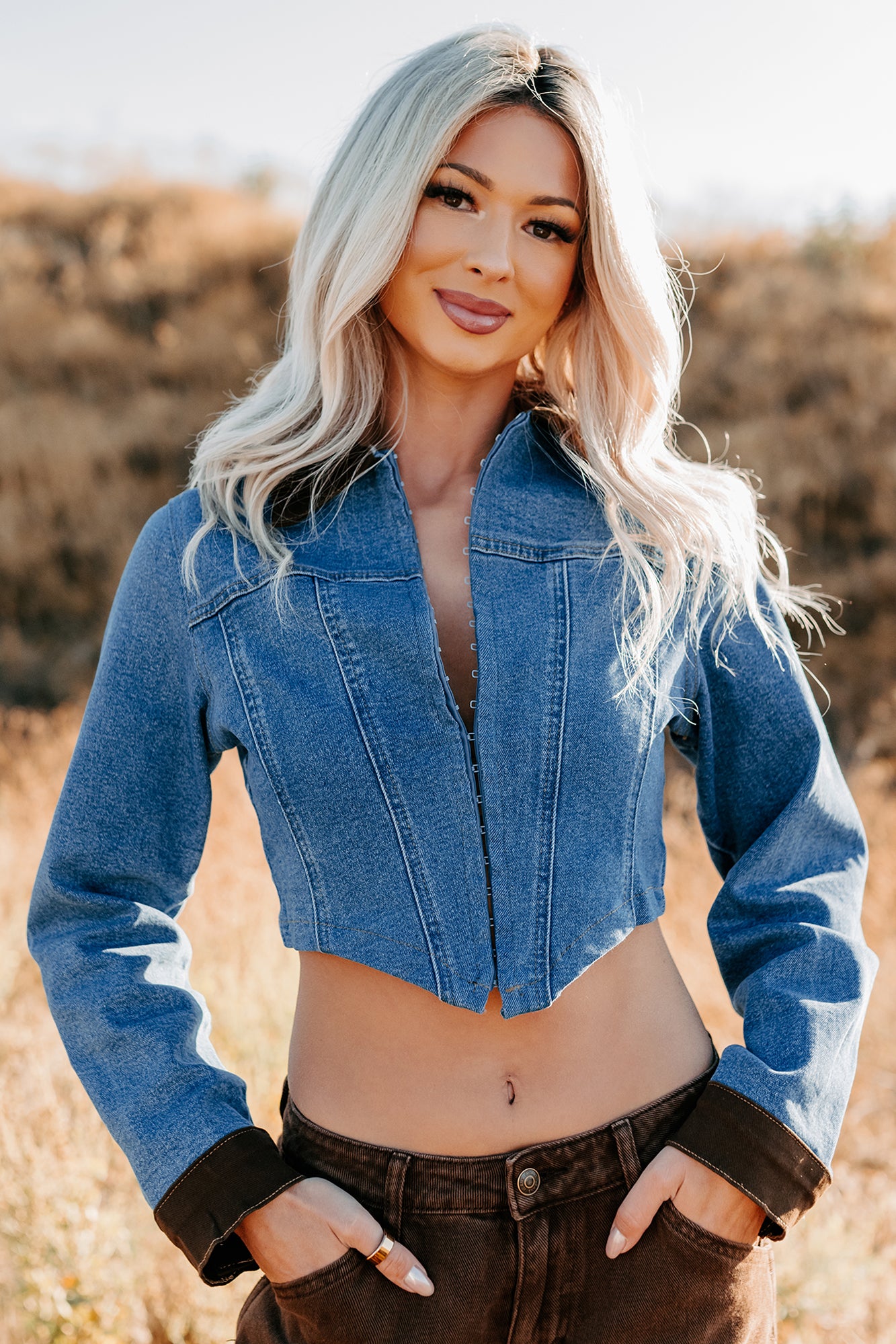 Peachy Prairie Cropped Denim Corset Jacket (Medium)-The Formal Wear