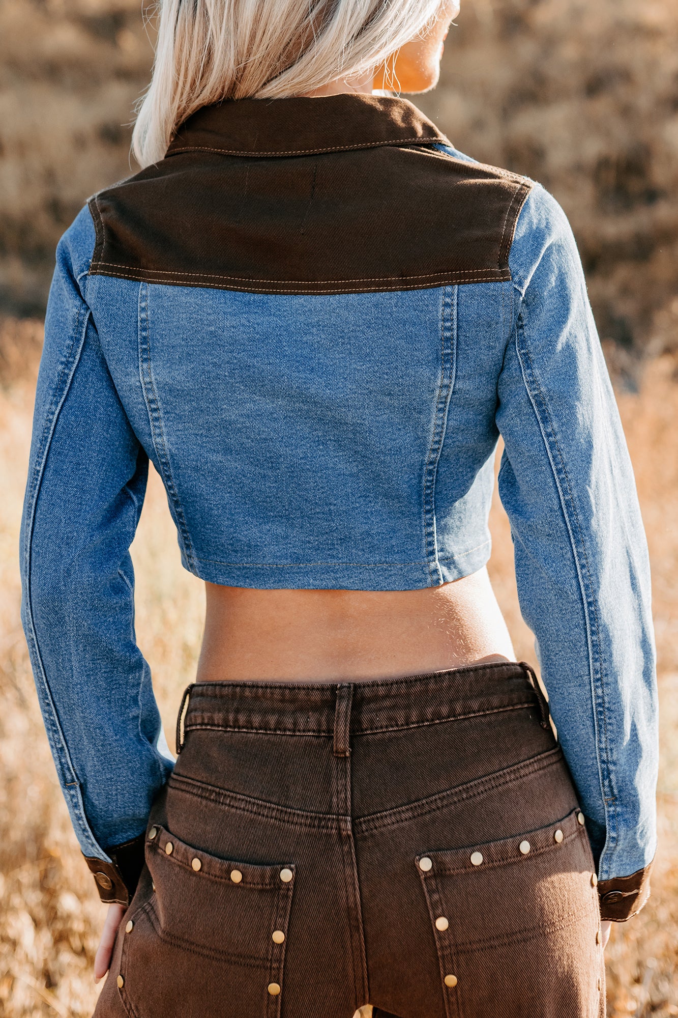 Peachy Prairie Cropped Denim Corset Jacket (Medium)-The Formal Wear