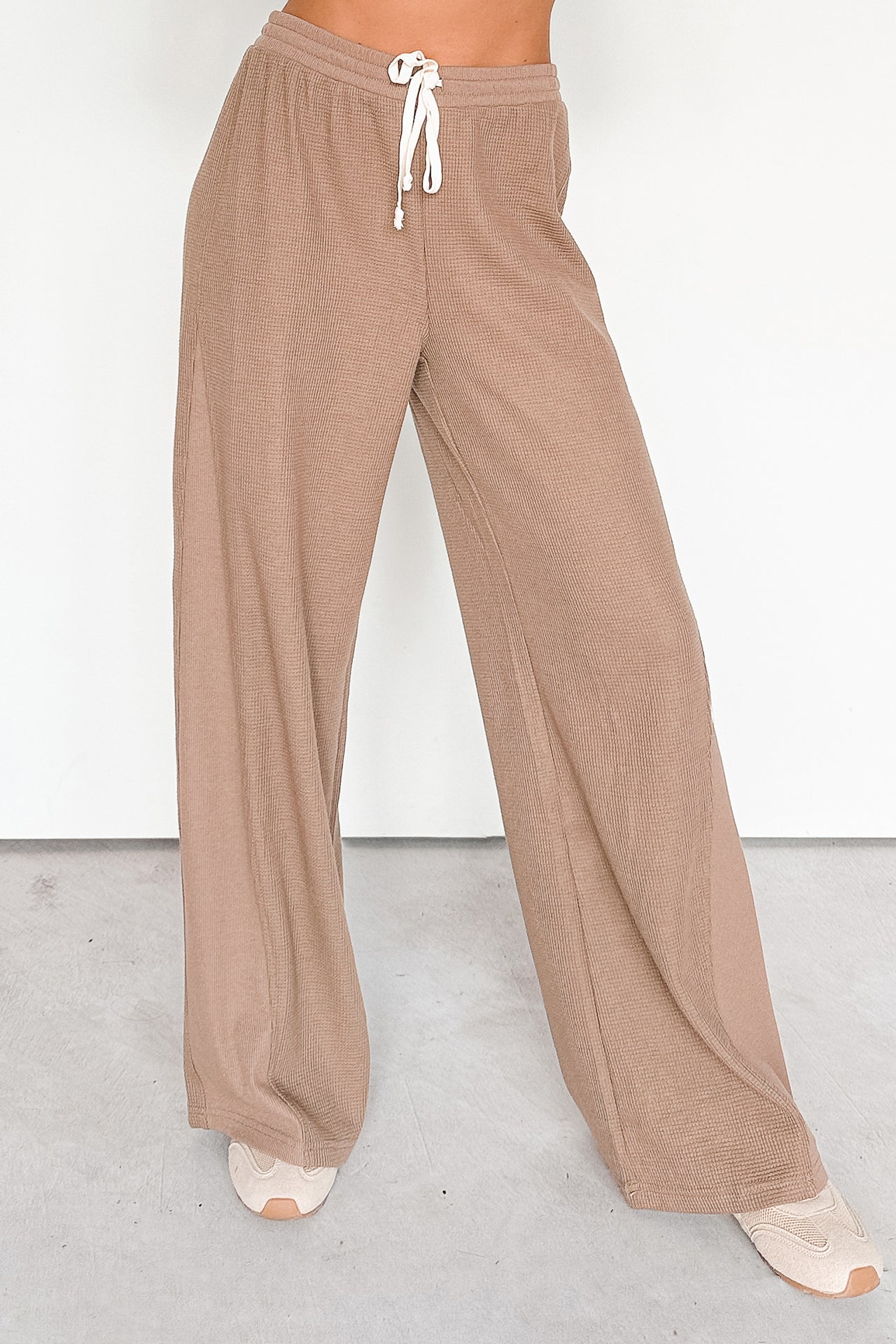 In The Daylight Contrast Tie Waffle Knit Pants (Mocha)-The Formal Wear