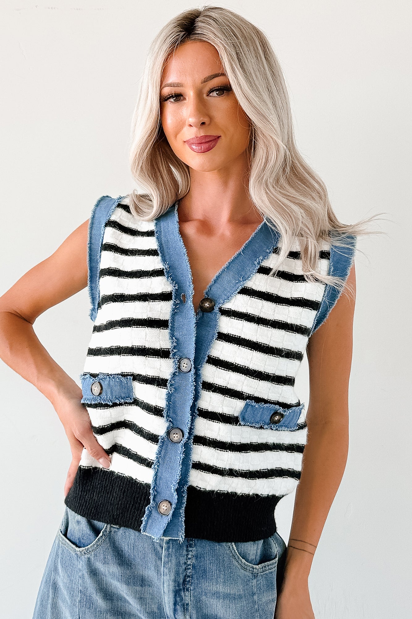 Born For Bold Striped Denim Trim Vest Top (Black/White)-The Formal Wear