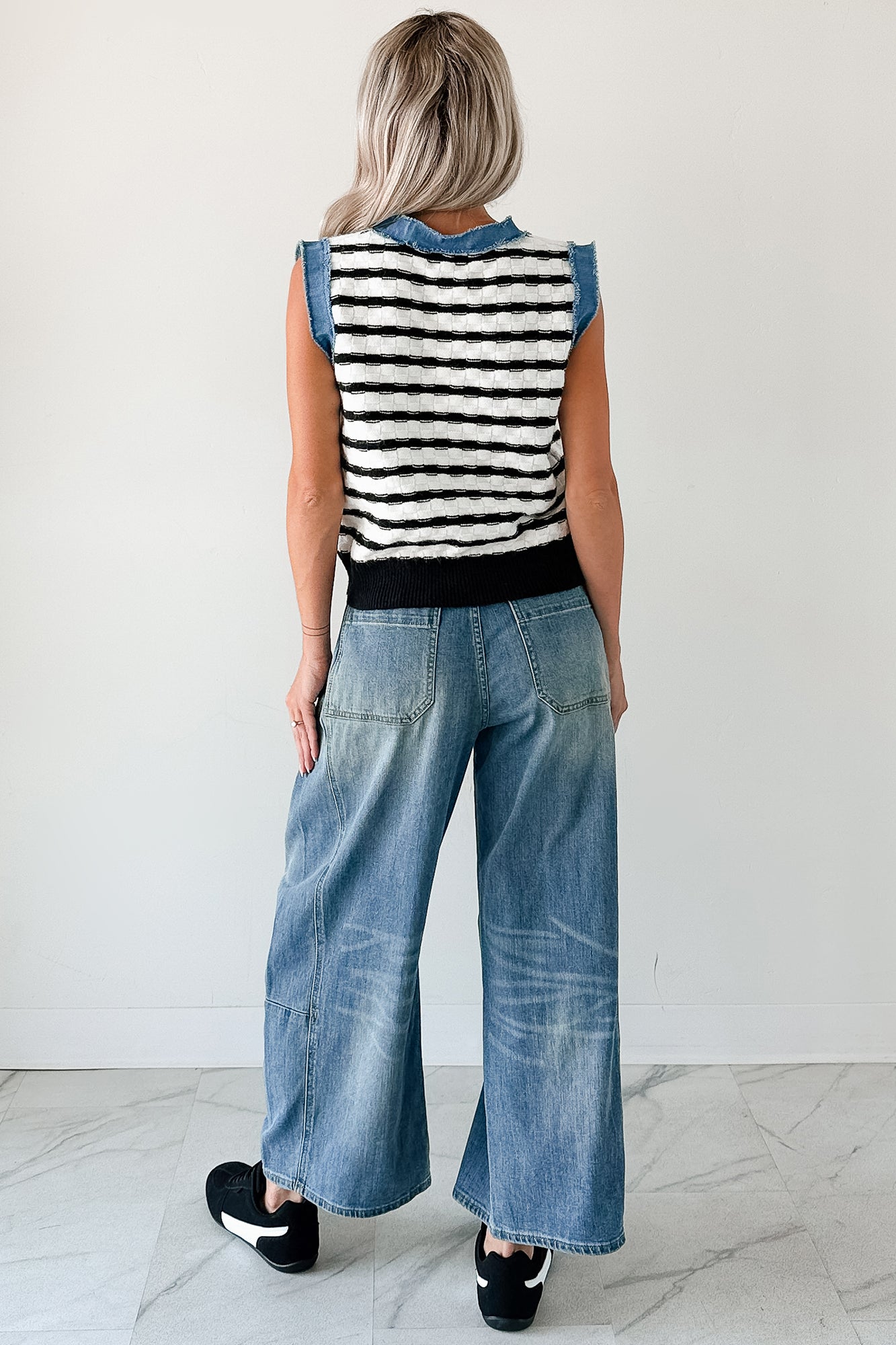 Born For Bold Striped Denim Trim Vest Top (Black/White)-The Formal Wear