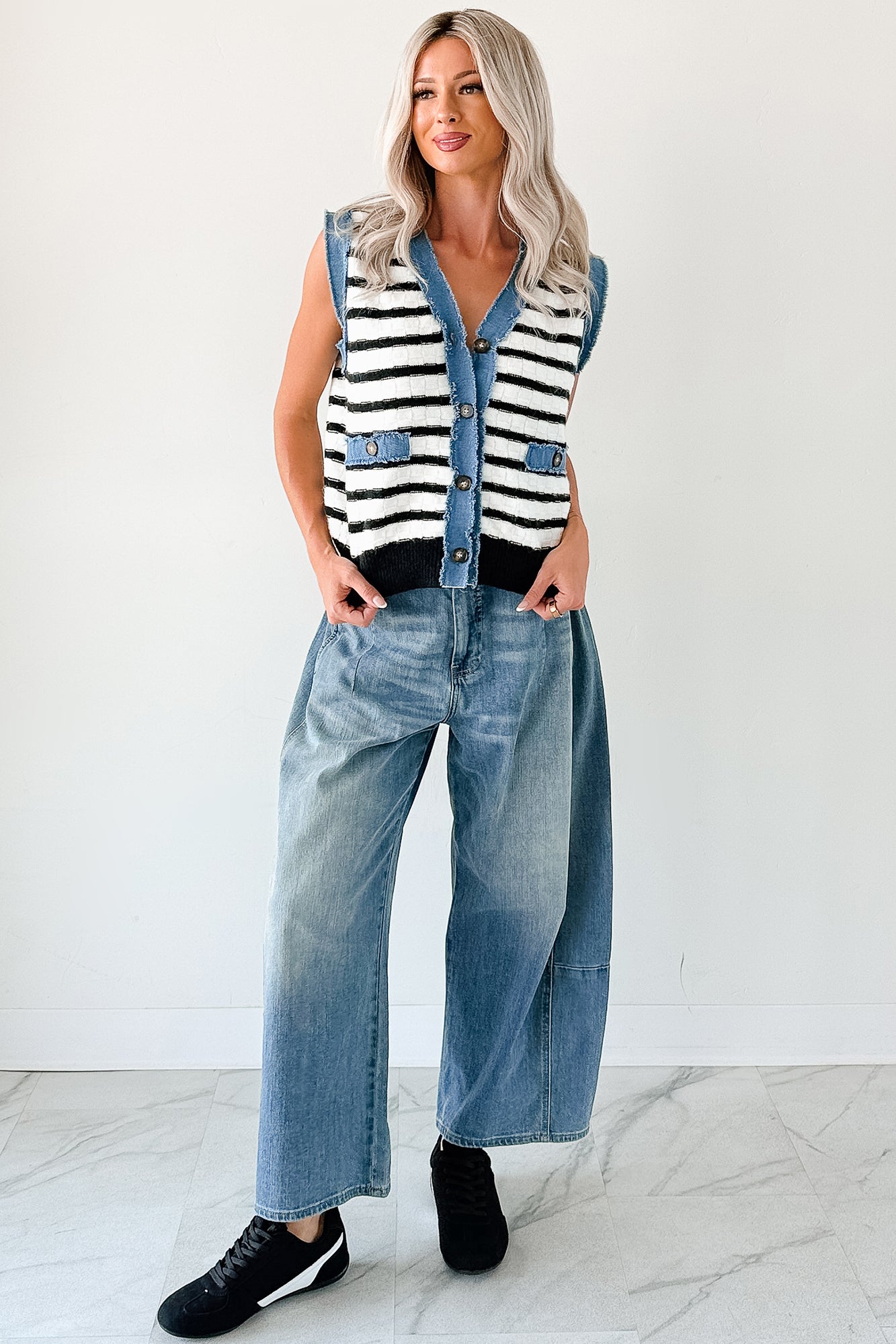 Born For Bold Striped Denim Trim Vest Top (Black/White)-The Formal Wear