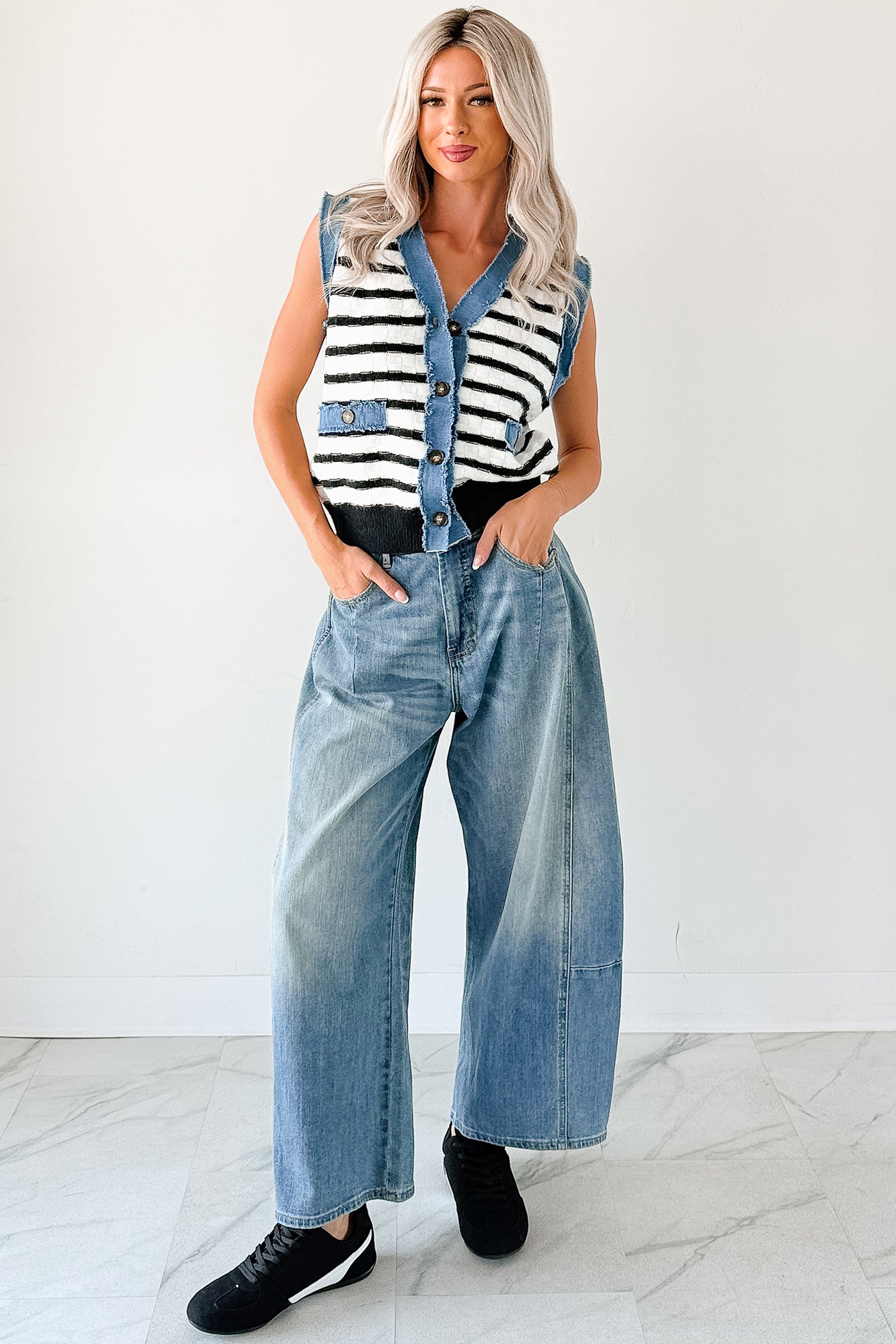 Born For Bold Striped Denim Trim Vest Top (Black/White)-The Formal Wear