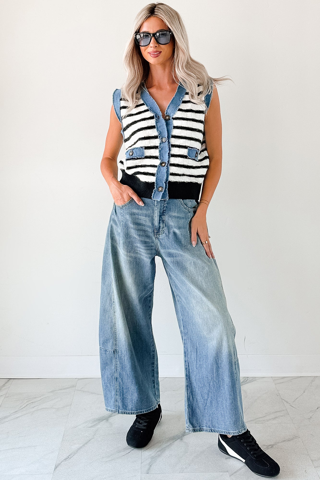 Born For Bold Striped Denim Trim Vest Top (Black/White)-The Formal Wear
