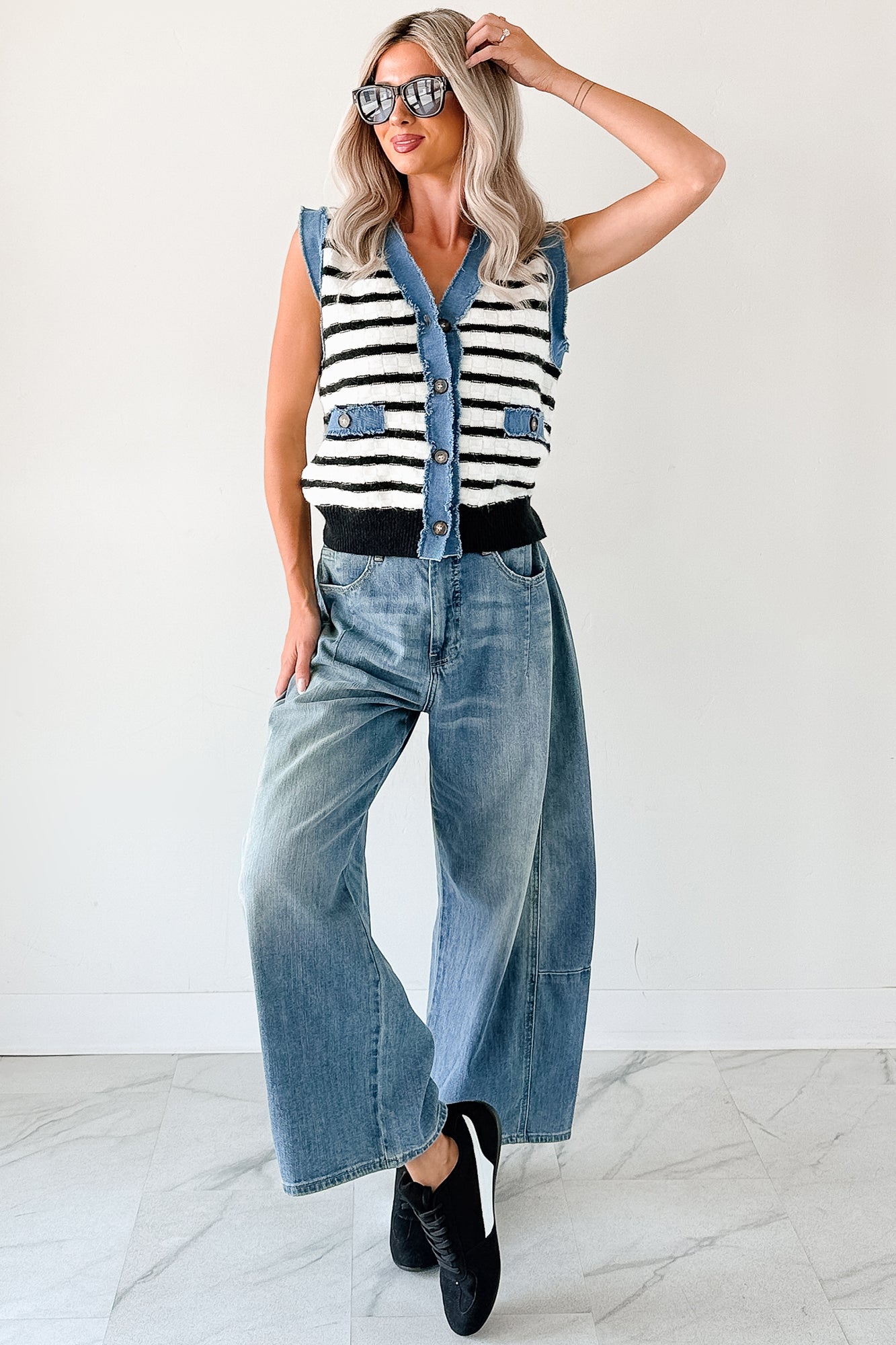Born For Bold Striped Denim Trim Vest Top (Black/White)-The Formal Wear
