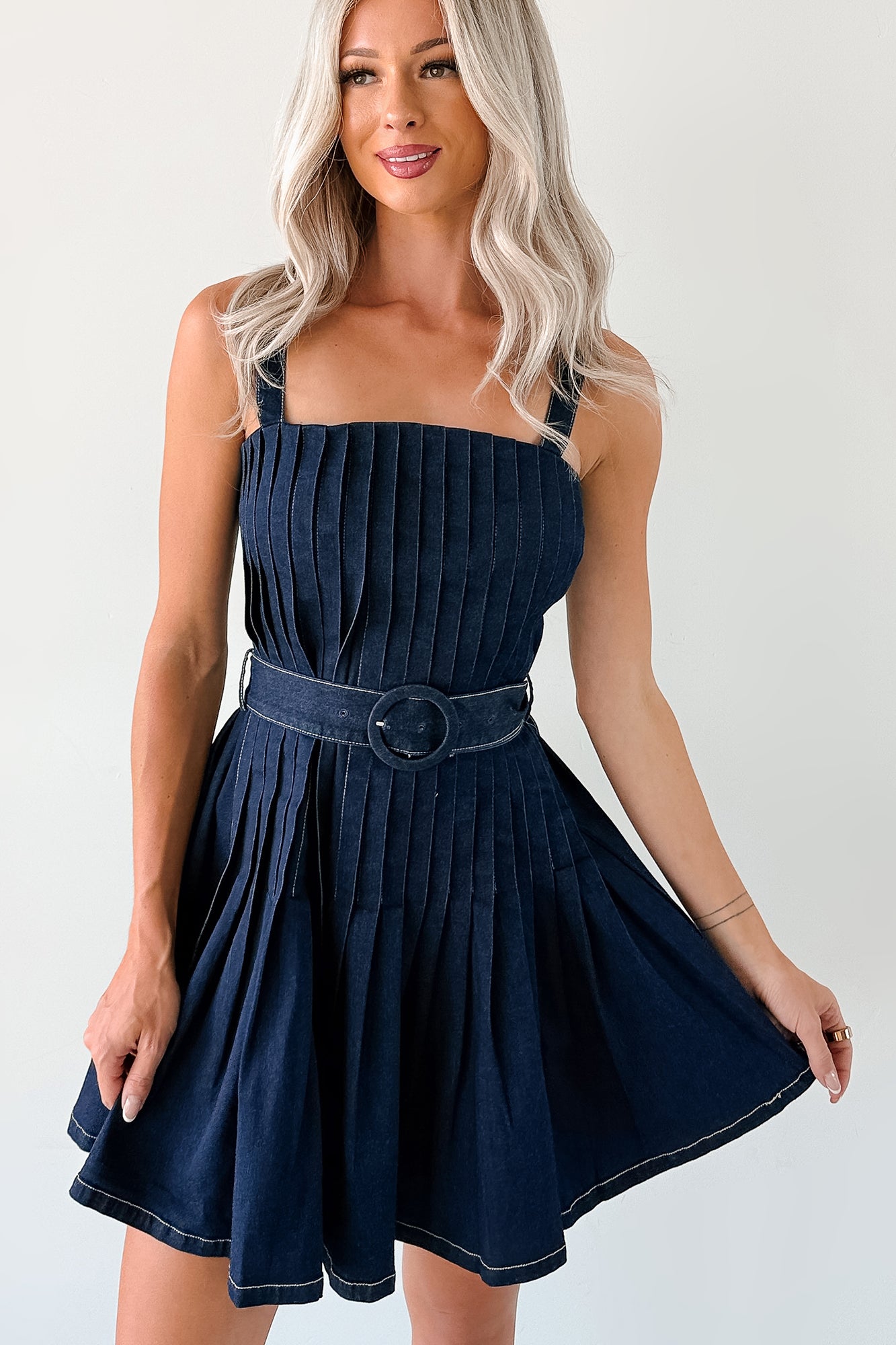 Hustle In Heels Pleated Sleeveless Mini Dress (Denim)-The Formal Wear
