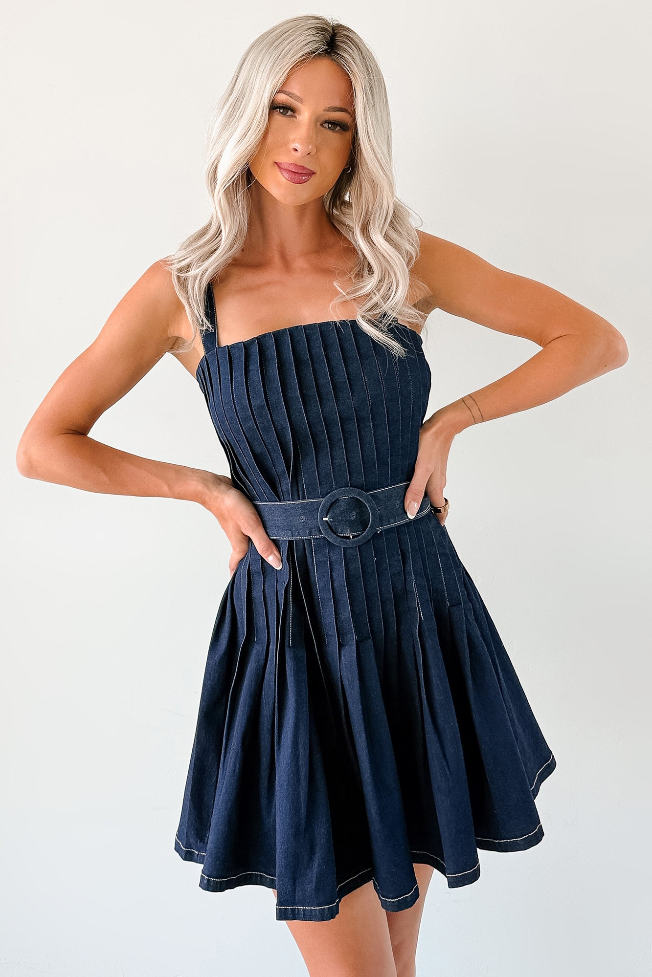 Hustle In Heels Pleated Sleeveless Mini Dress (Denim)-The Formal Wear