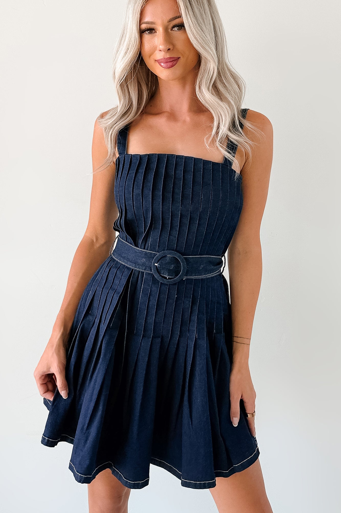 Hustle In Heels Pleated Sleeveless Mini Dress (Denim)-The Formal Wear