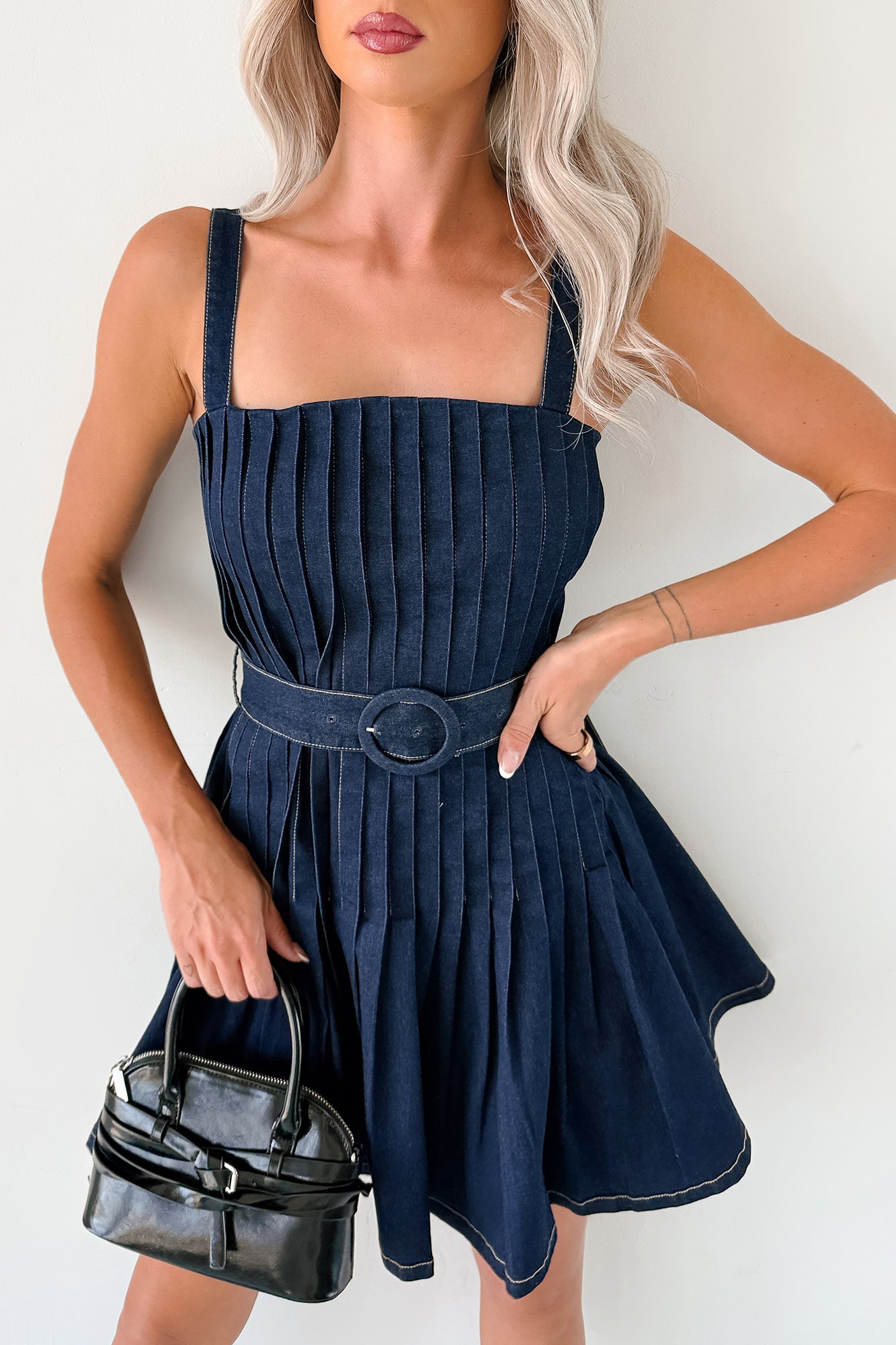 Hustle In Heels Pleated Sleeveless Mini Dress (Denim)-The Formal Wear