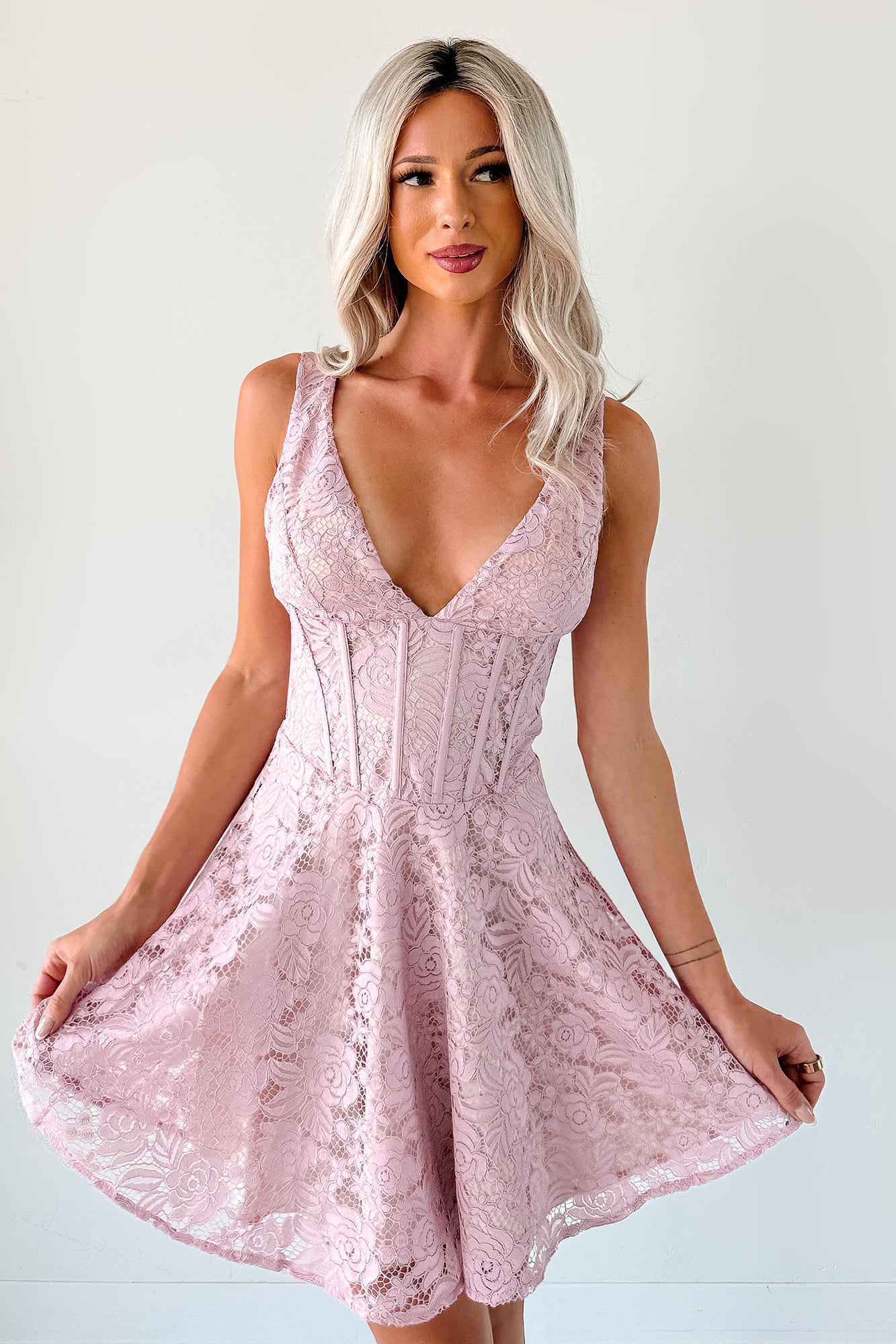 Dangerously Sweet Lace Corset Style Mini Dress (Pink)-The Formal Wear