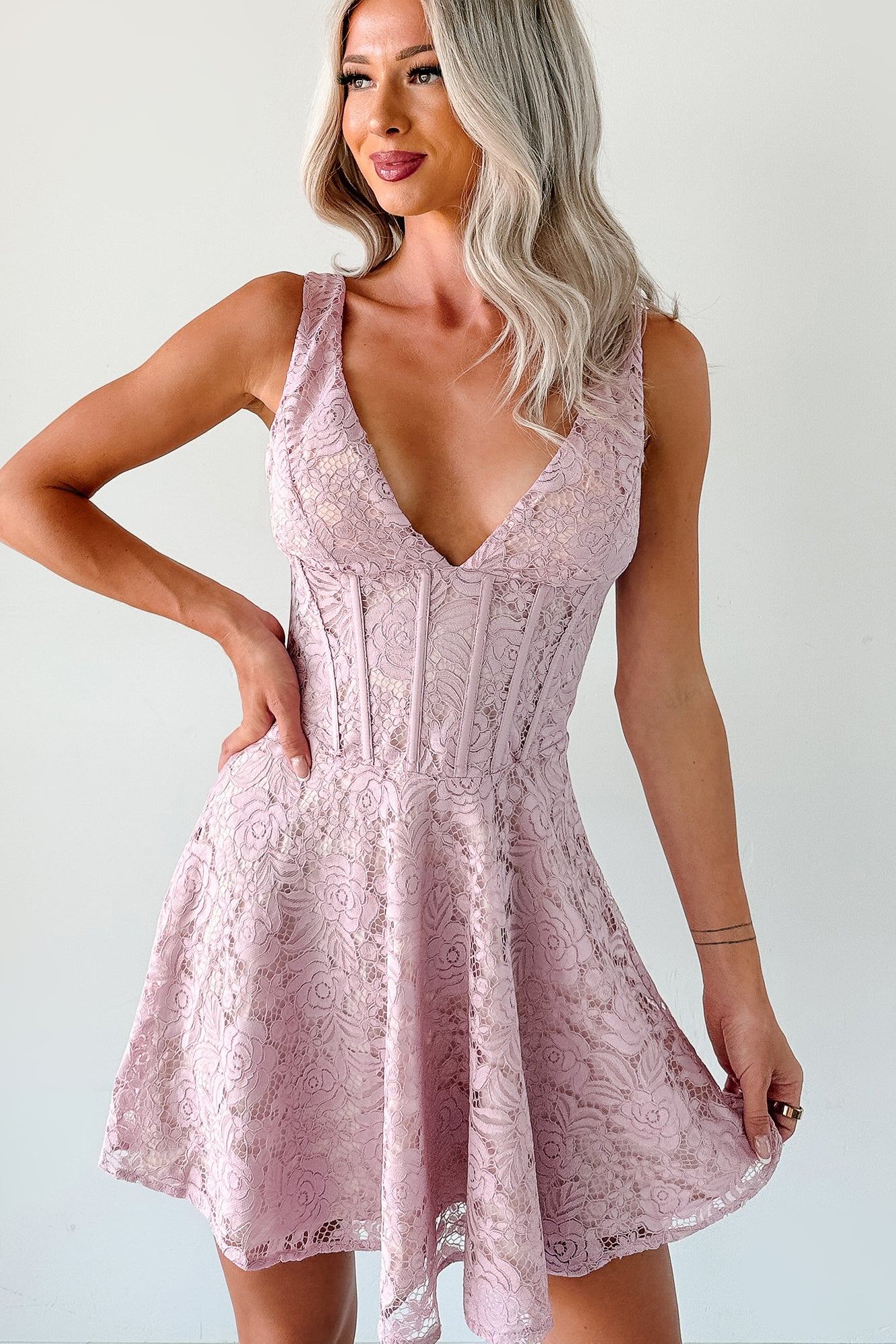 Dangerously Sweet Lace Corset Style Mini Dress (Pink)-The Formal Wear