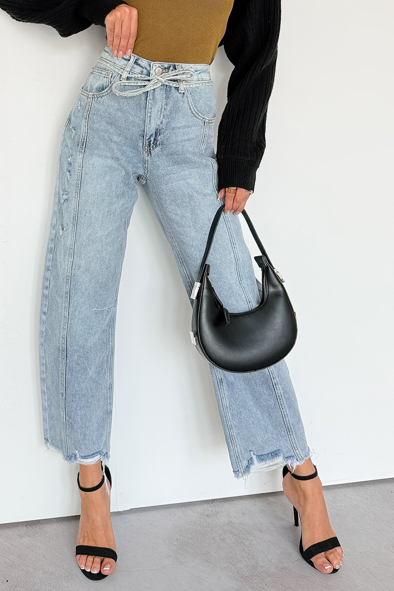 Solara High Rise Waist Tie Saige Denim Barrel Jeans (Light Wash)-The Formal Wear