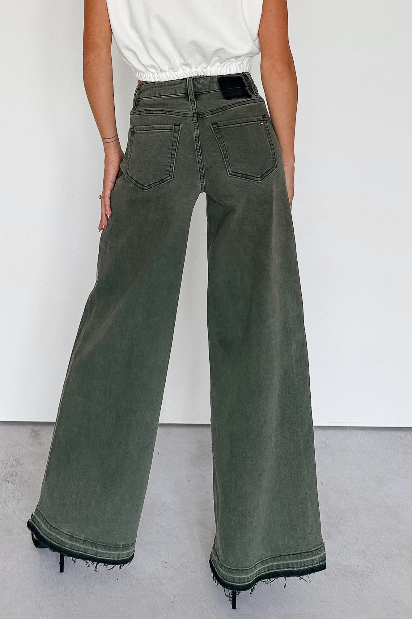Valencia High Rise Wide Leg Mica Denim Jeans (Dark Green)-The Formal Wear