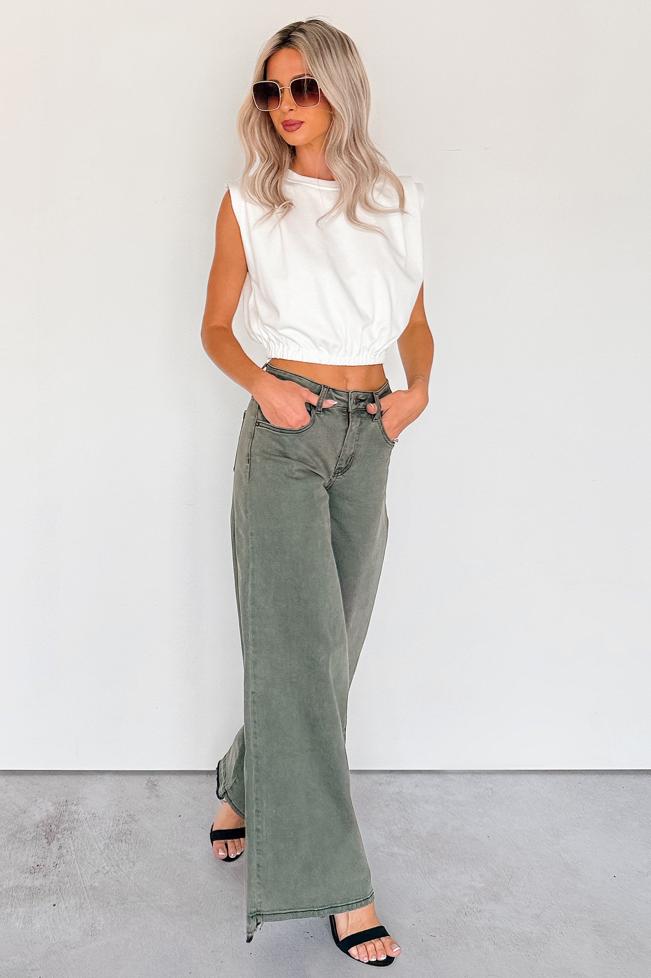 Valencia High Rise Wide Leg Mica Denim Jeans (Dark Green)-The Formal Wear