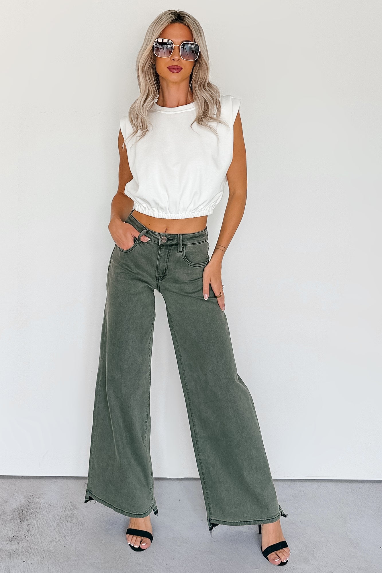 Valencia High Rise Wide Leg Mica Denim Jeans (Dark Green)-The Formal Wear