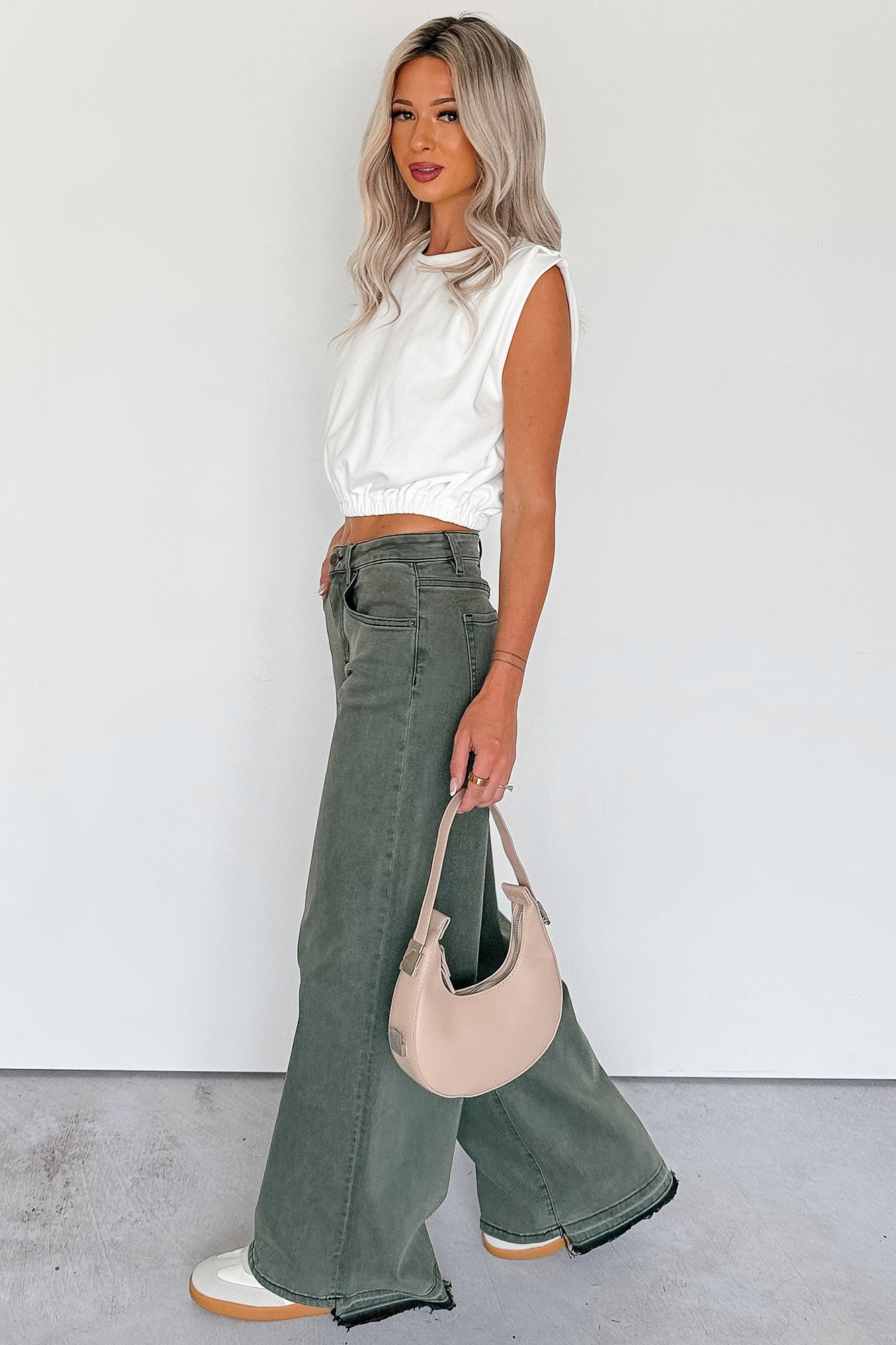Valencia High Rise Wide Leg Mica Denim Jeans (Dark Green)-The Formal Wear