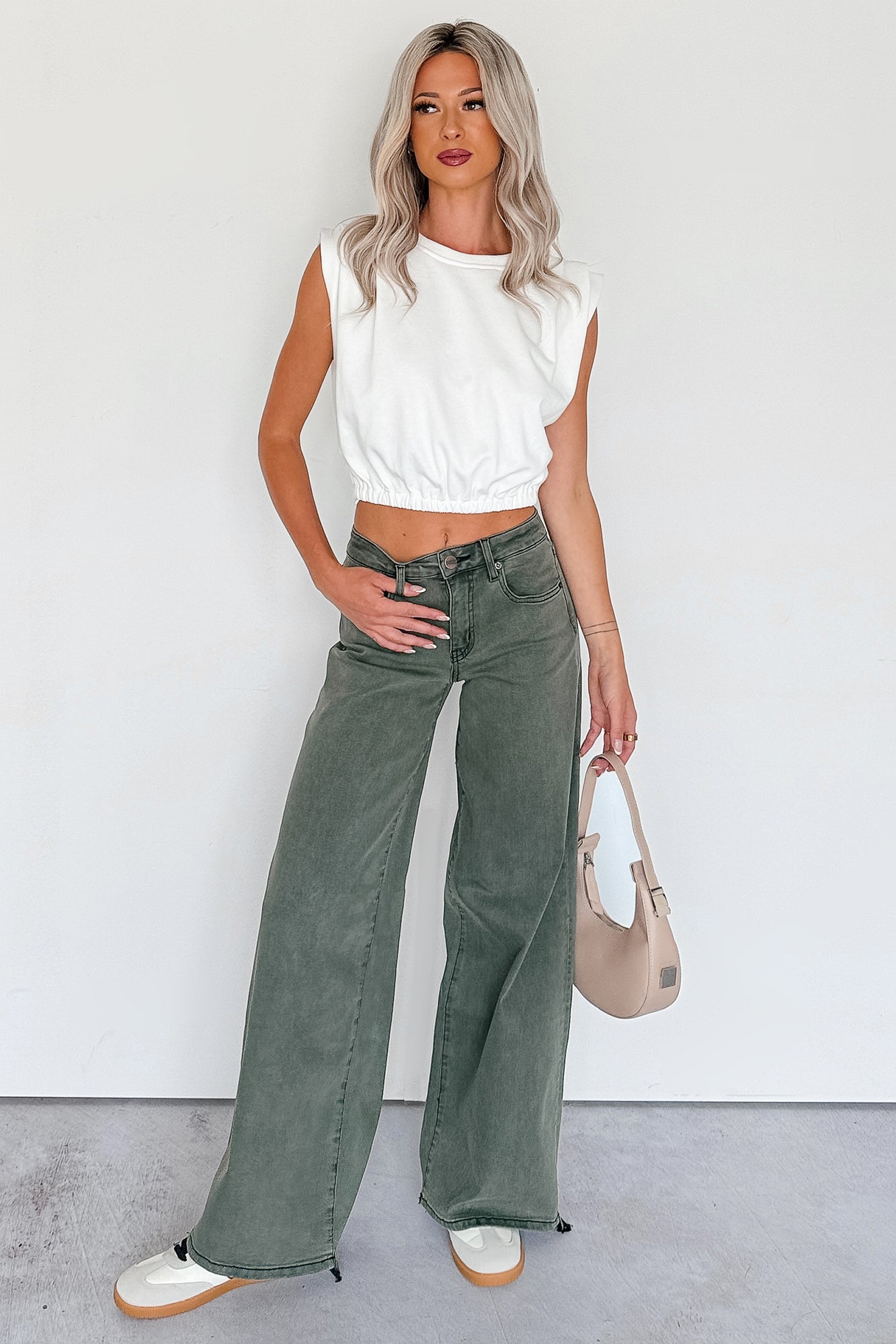 Valencia High Rise Wide Leg Mica Denim Jeans (Dark Green)-The Formal Wear