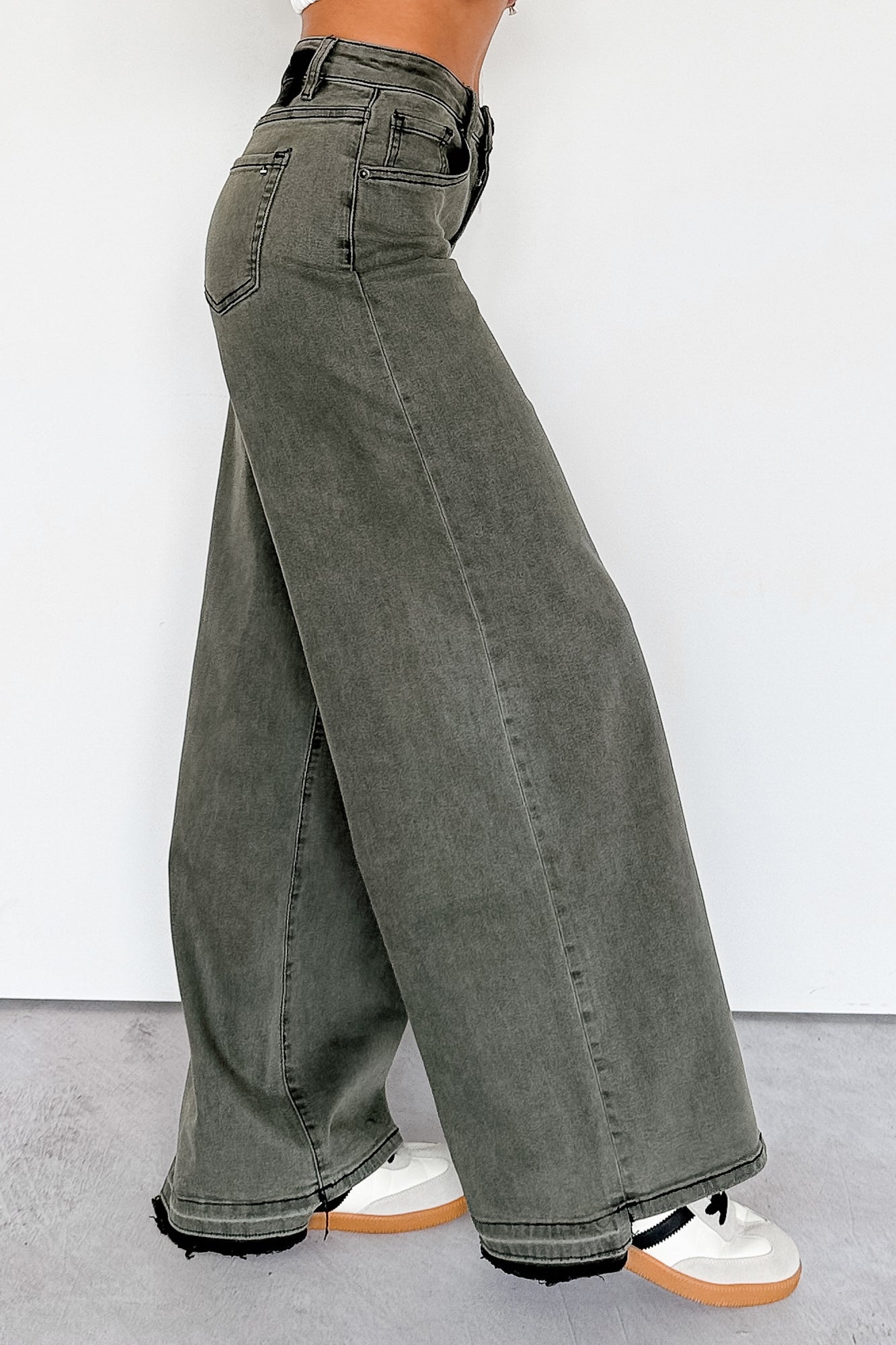 Valencia High Rise Wide Leg Mica Denim Jeans (Dark Green)-The Formal Wear