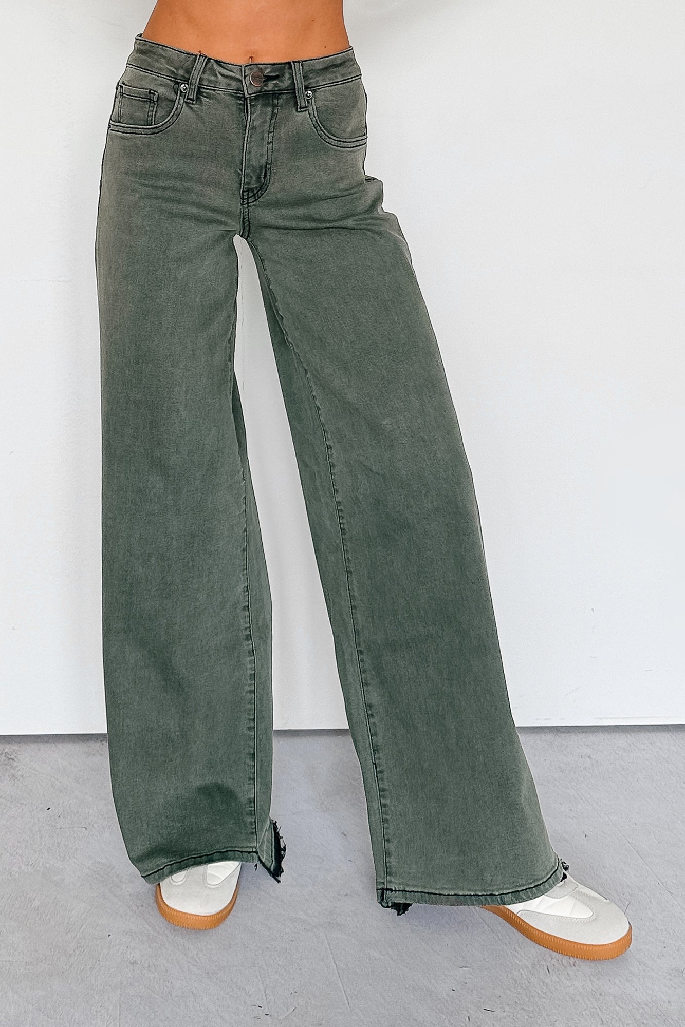 Valencia High Rise Wide Leg Mica Denim Jeans (Dark Green)-The Formal Wear