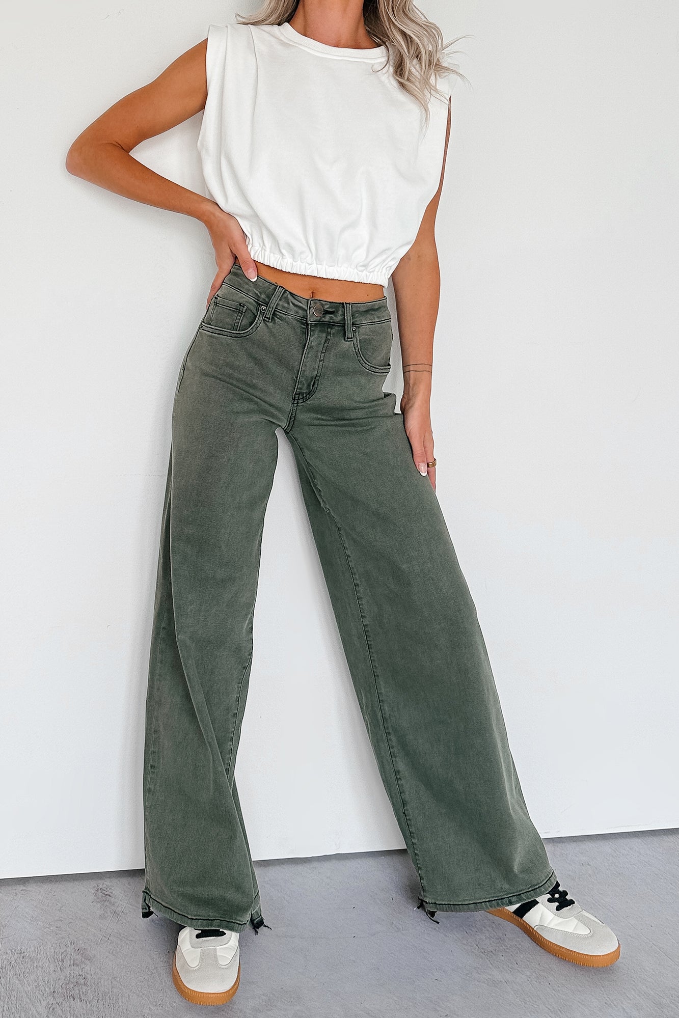 Valencia High Rise Wide Leg Mica Denim Jeans (Dark Green)-The Formal Wear