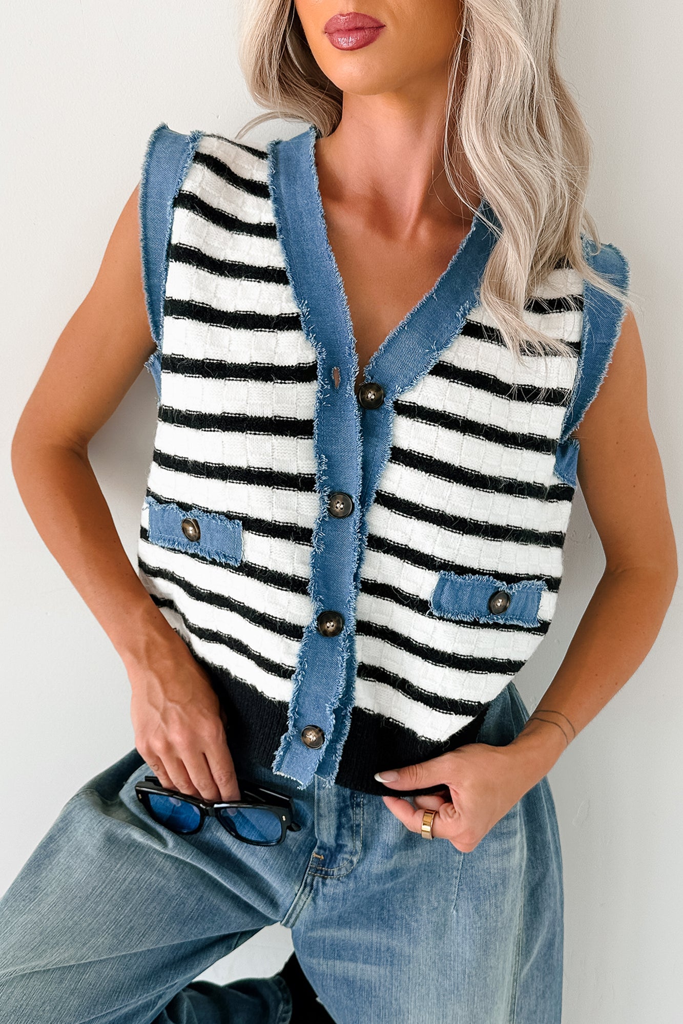 Born For Bold Striped Denim Trim Vest Top (Black/White)-The Formal Wear