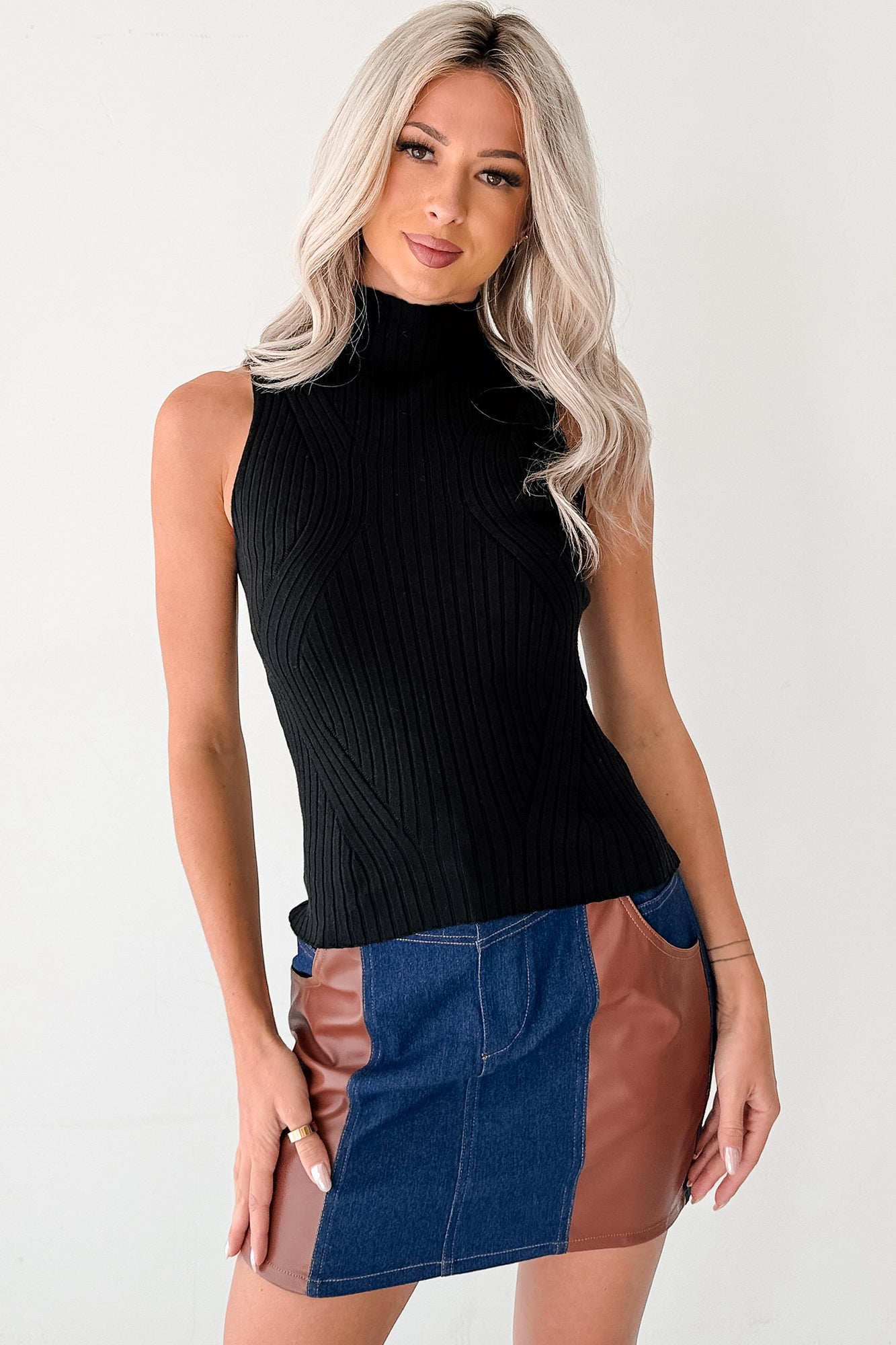 Call It Home Ribbed Knit Mock Neck Tank Top (Black)-The Formal Wear