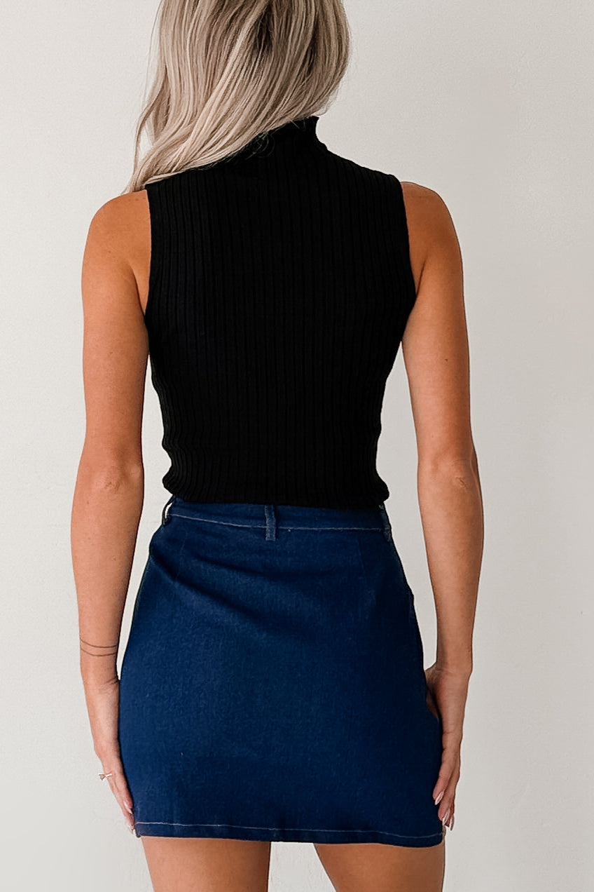 Call It Home Ribbed Knit Mock Neck Tank Top (Black)-The Formal Wear