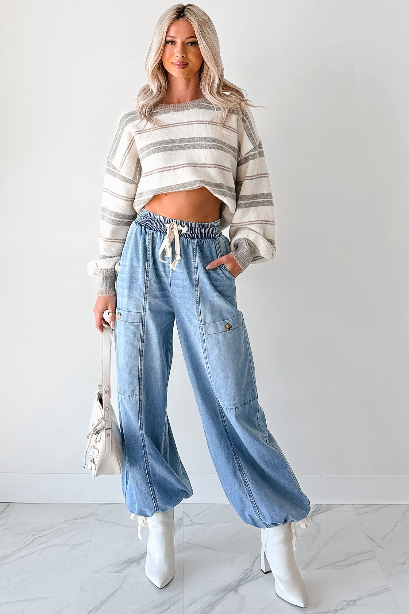 Restless Soul Denim Wide Leg Drawstring Pants (Light)-The Formal Wear
