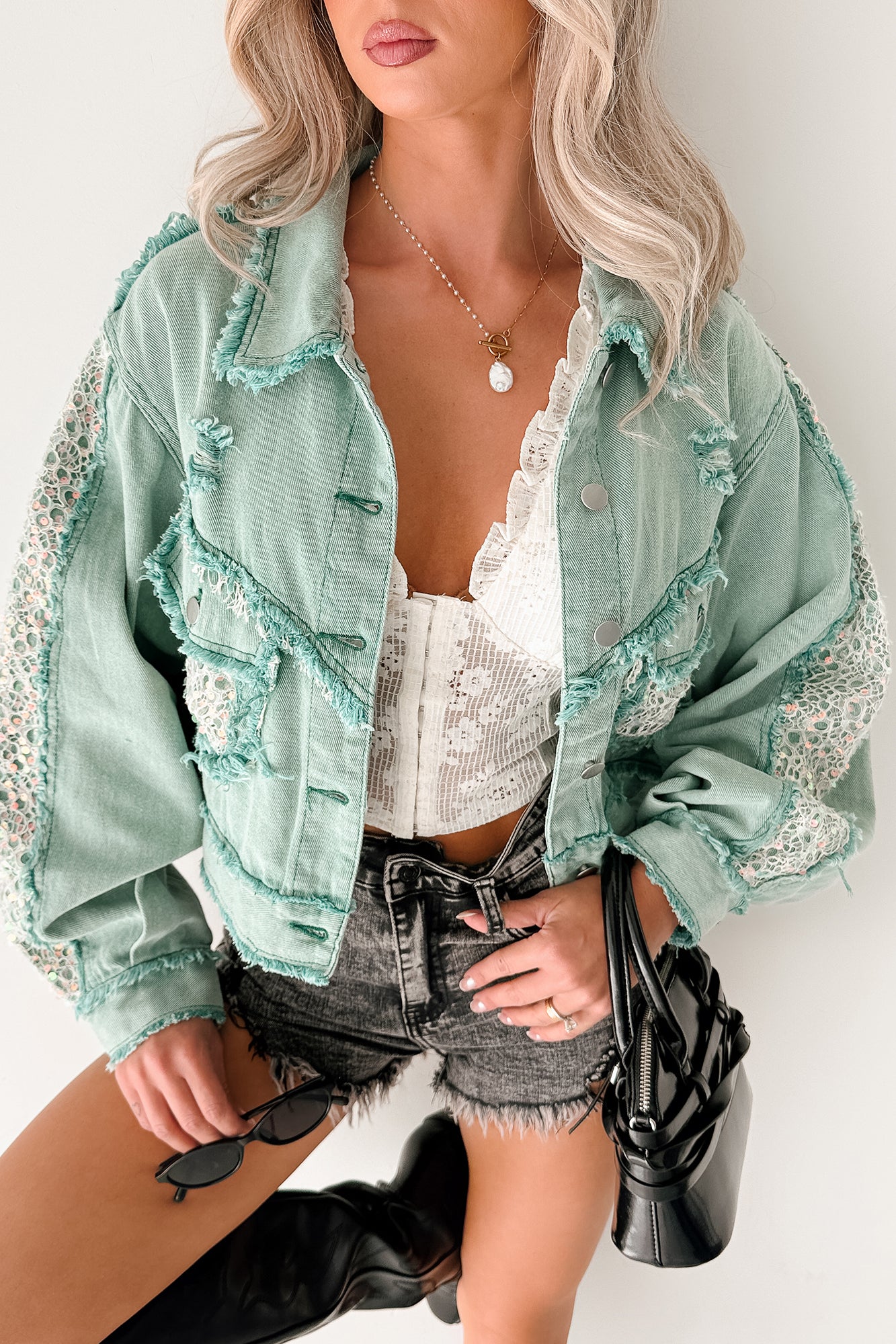 Built To Slay Detailed POL Denim Jacket (Jade Green)-The Formal Wear