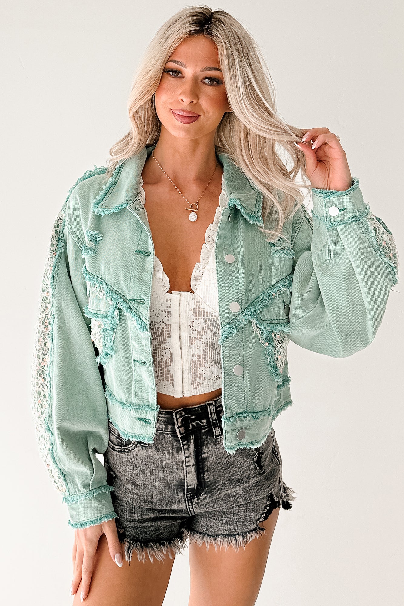 Built To Slay Detailed POL Denim Jacket (Jade Green)-The Formal Wear