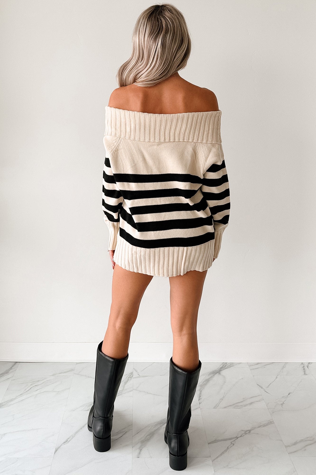 Saying Less Off The Shoulder Stripe Sweater (Cream/Black)-The Formal Wear