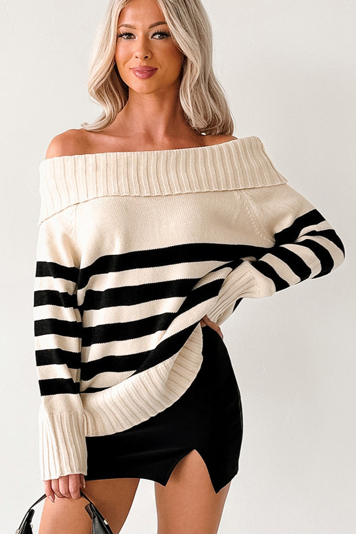 Saying Less Off The Shoulder Stripe Sweater (Cream/Black)-The Formal Wear
