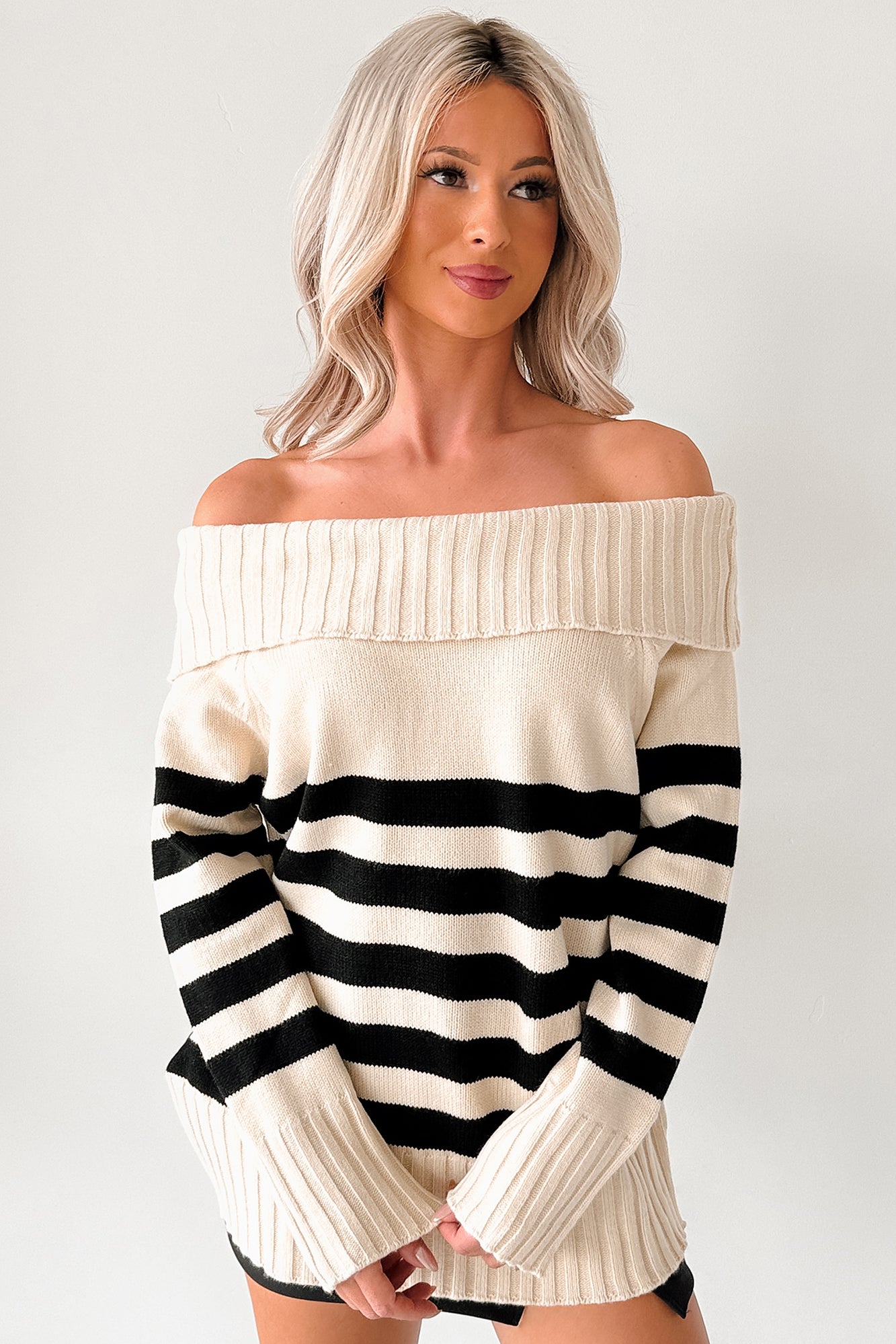 Saying Less Off The Shoulder Stripe Sweater (Cream/Black)-The Formal Wear