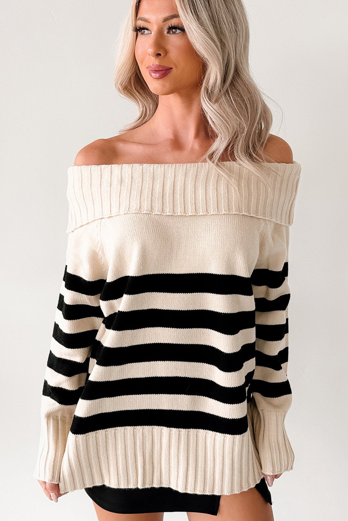 Saying Less Off The Shoulder Stripe Sweater (Cream/Black)-The Formal Wear