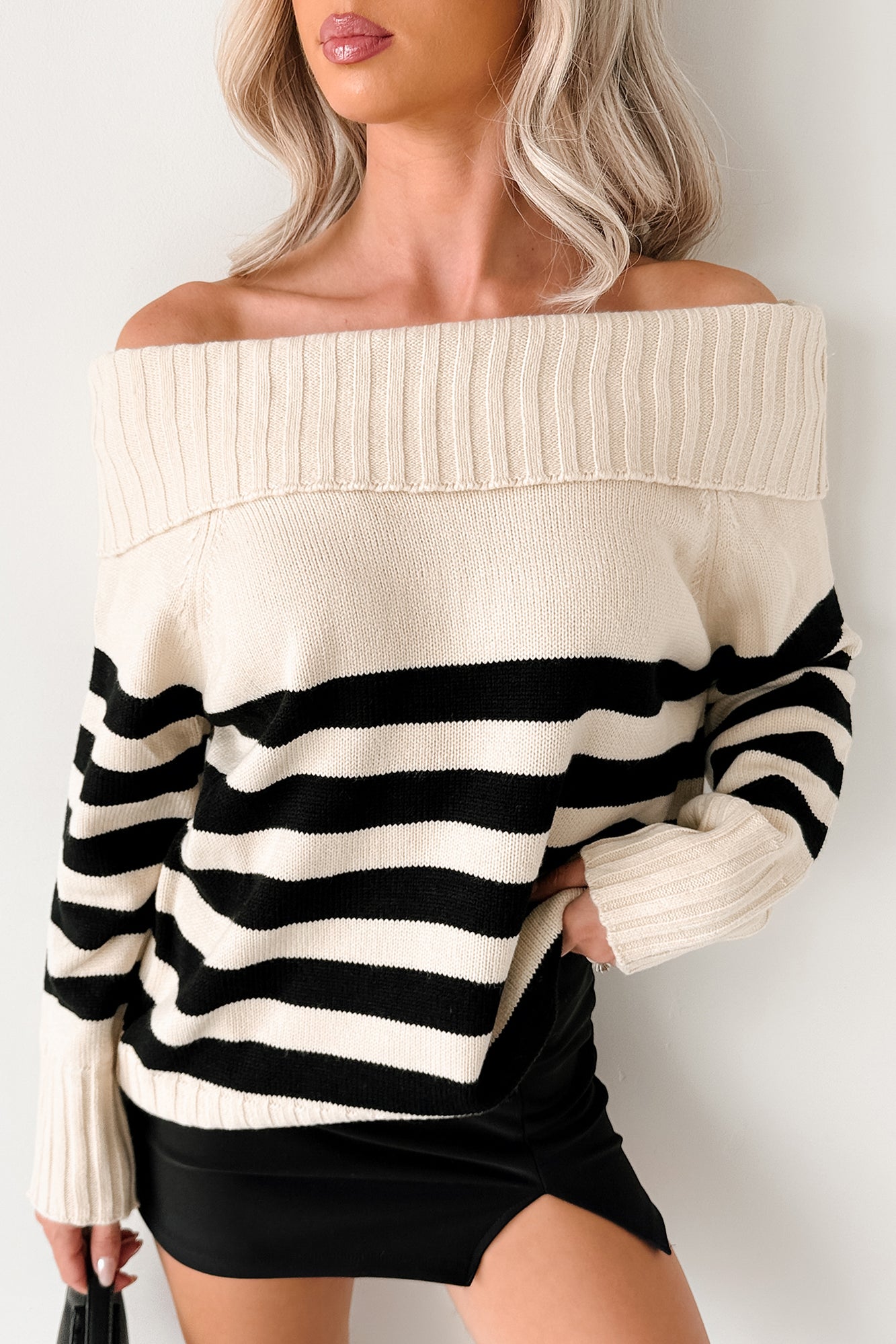 Saying Less Off The Shoulder Stripe Sweater (Cream/Black)-The Formal Wear