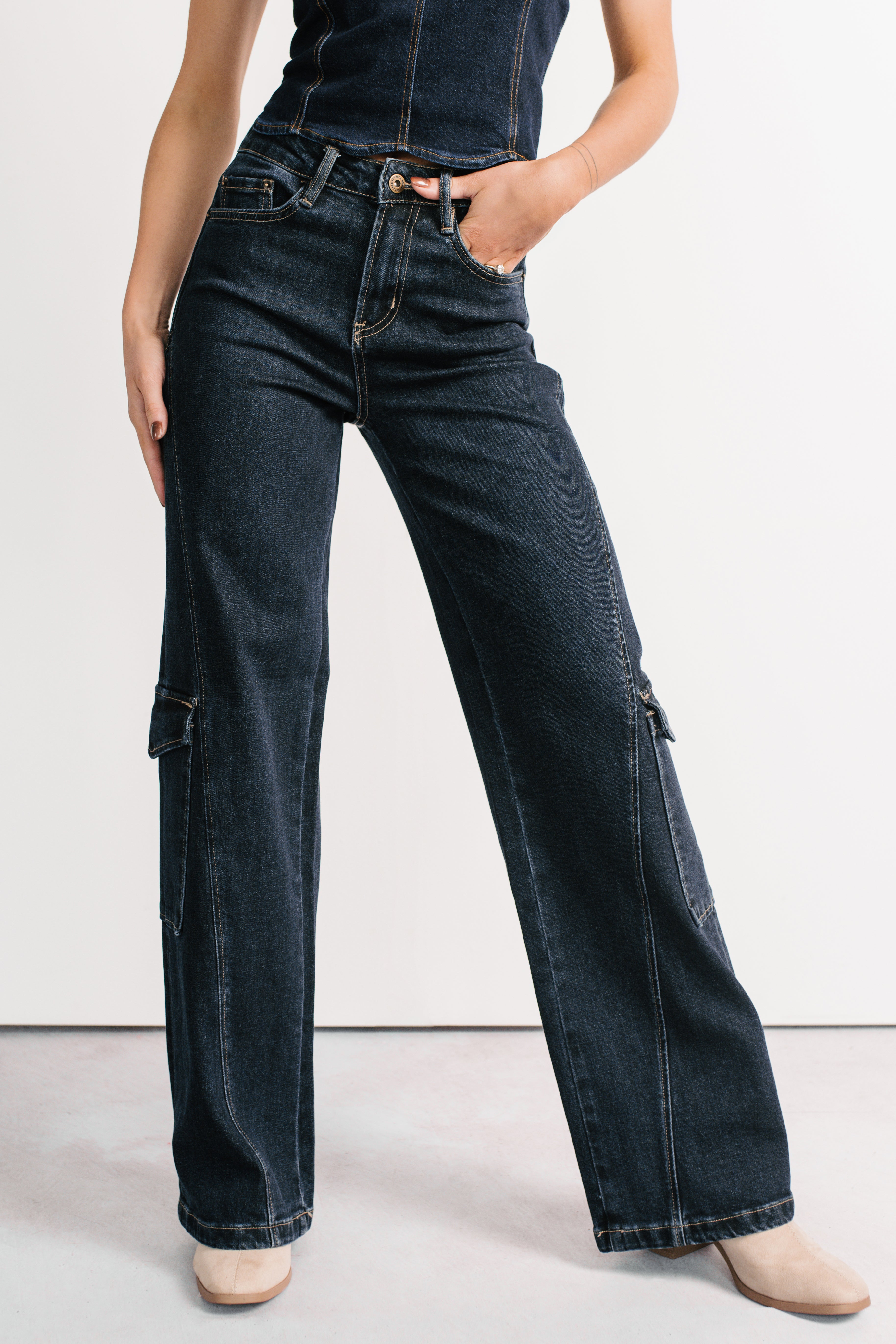 Crosby Wide Leg Mica Denim Cargo Jeans (Dark Wash)-The Formal Wear