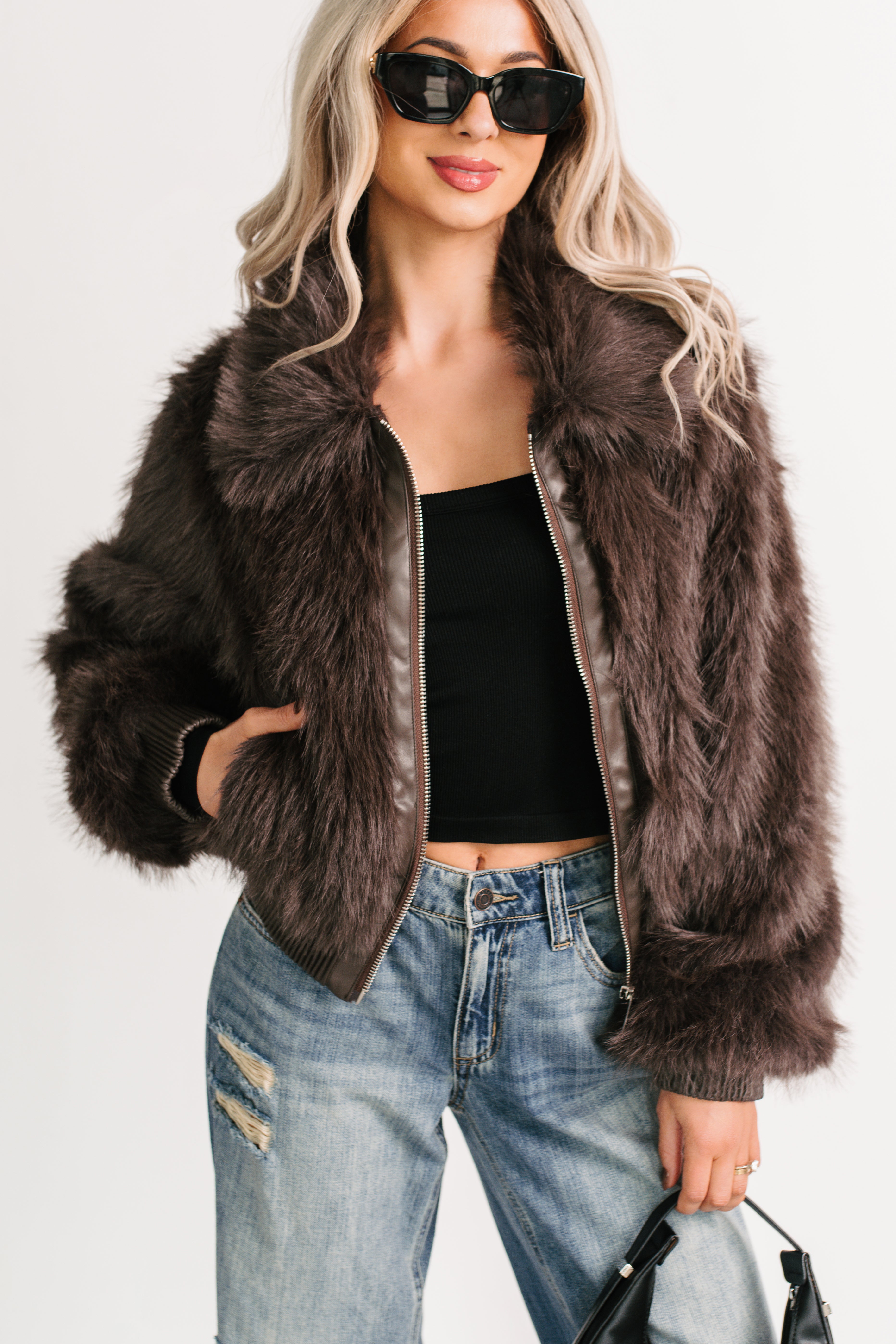 No Comparisons Faux Fur Plush Zip-Up Jacket (Brown)-The Formal Wear