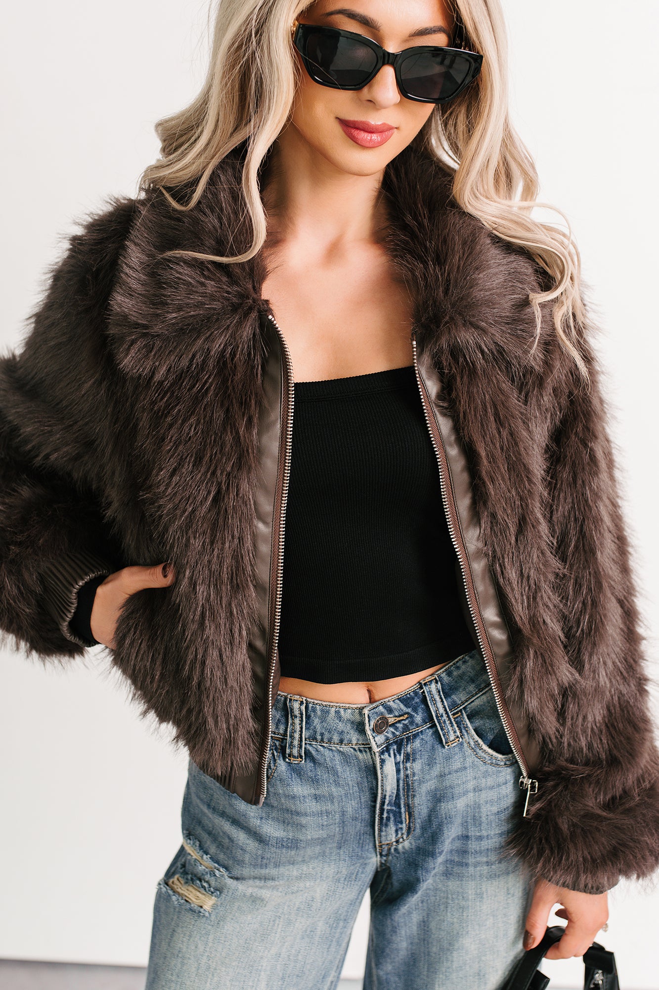 No Comparisons Faux Fur Plush Zip-Up Jacket (Brown)-The Formal Wear