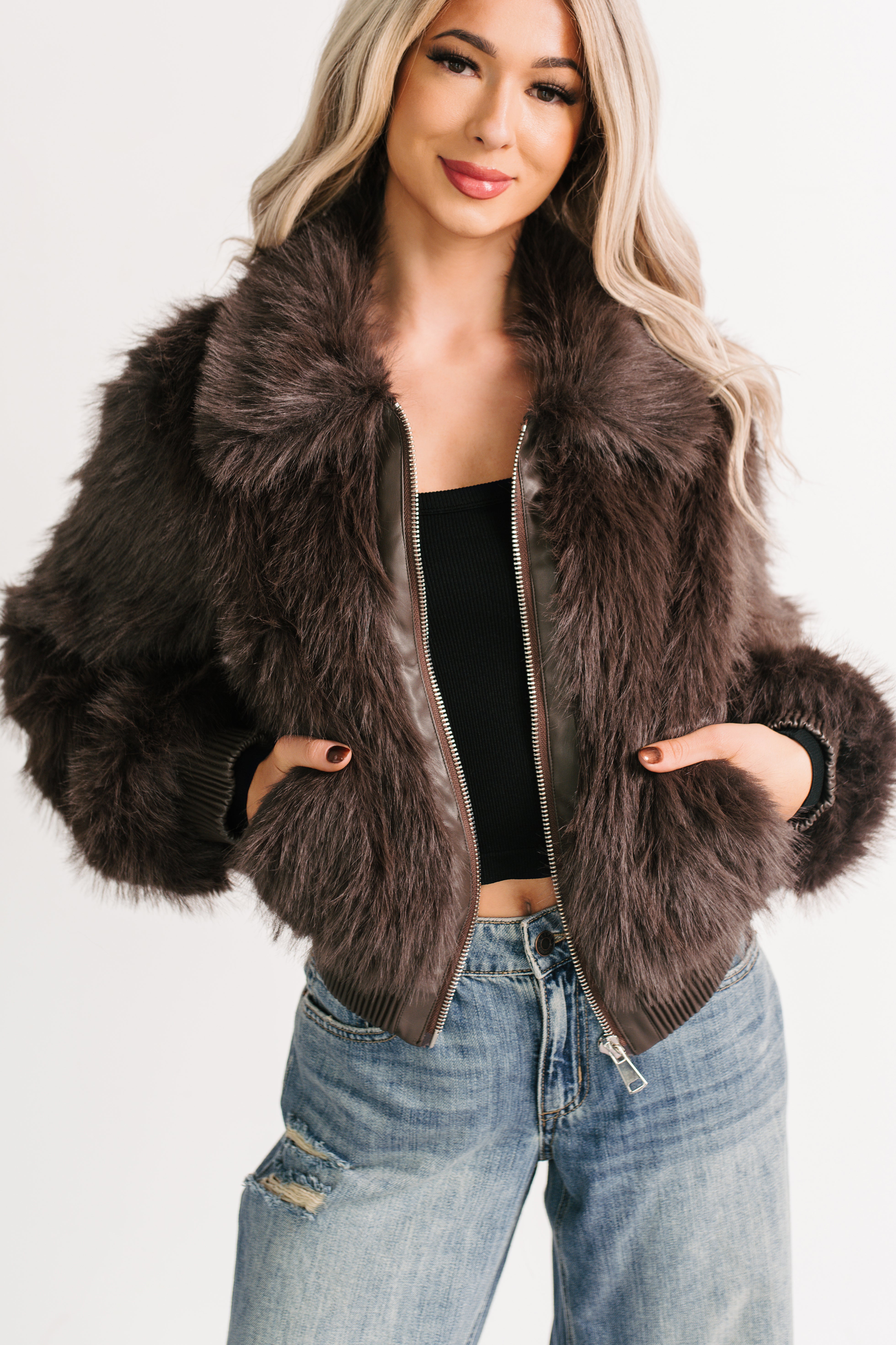 No Comparisons Faux Fur Plush Zip-Up Jacket (Brown)-The Formal Wear