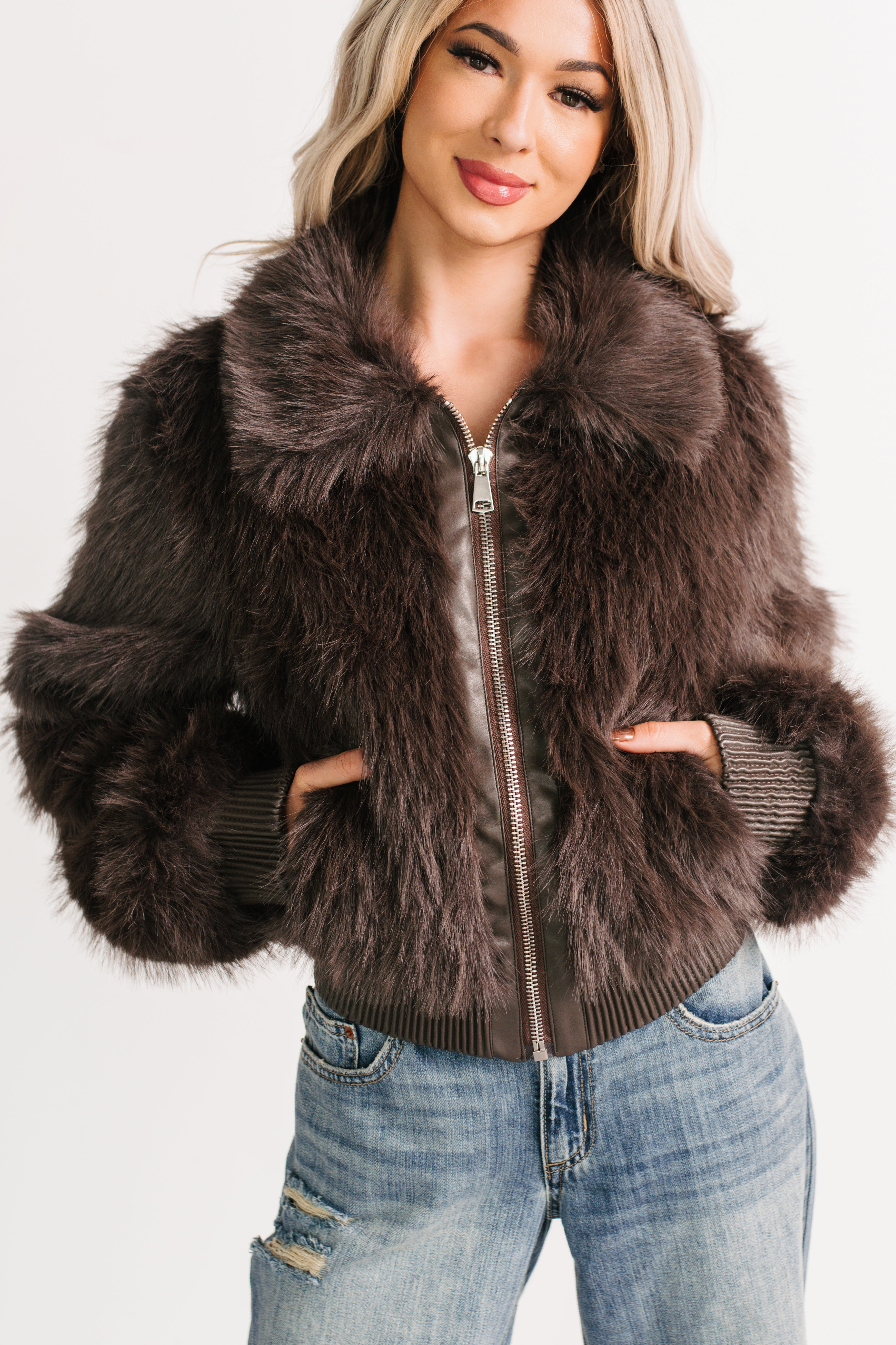 No Comparisons Faux Fur Plush Zip-Up Jacket (Brown)-The Formal Wear