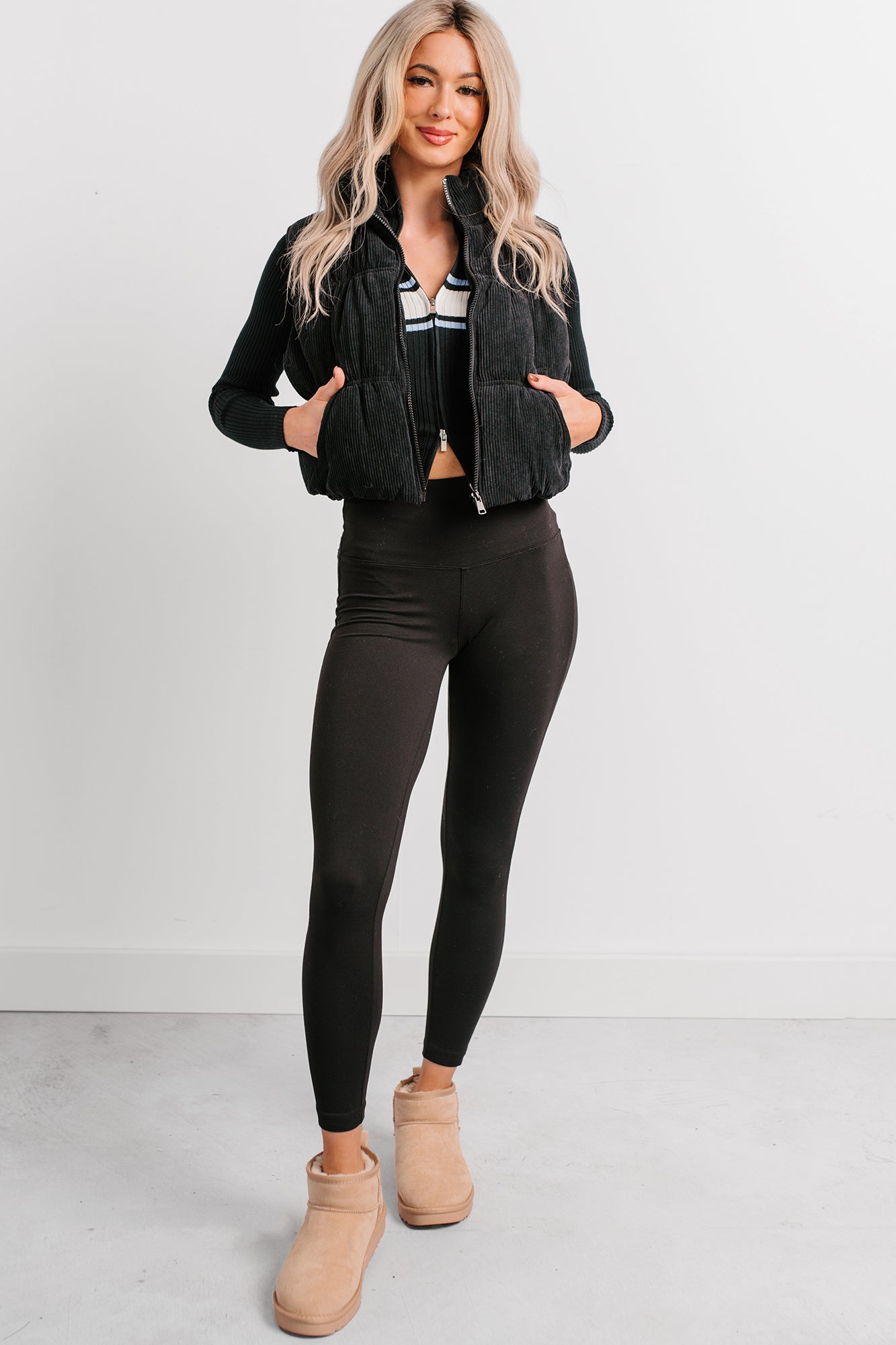 Deep Connections Corduroy Puffer Vest (Black)-The Formal Wear