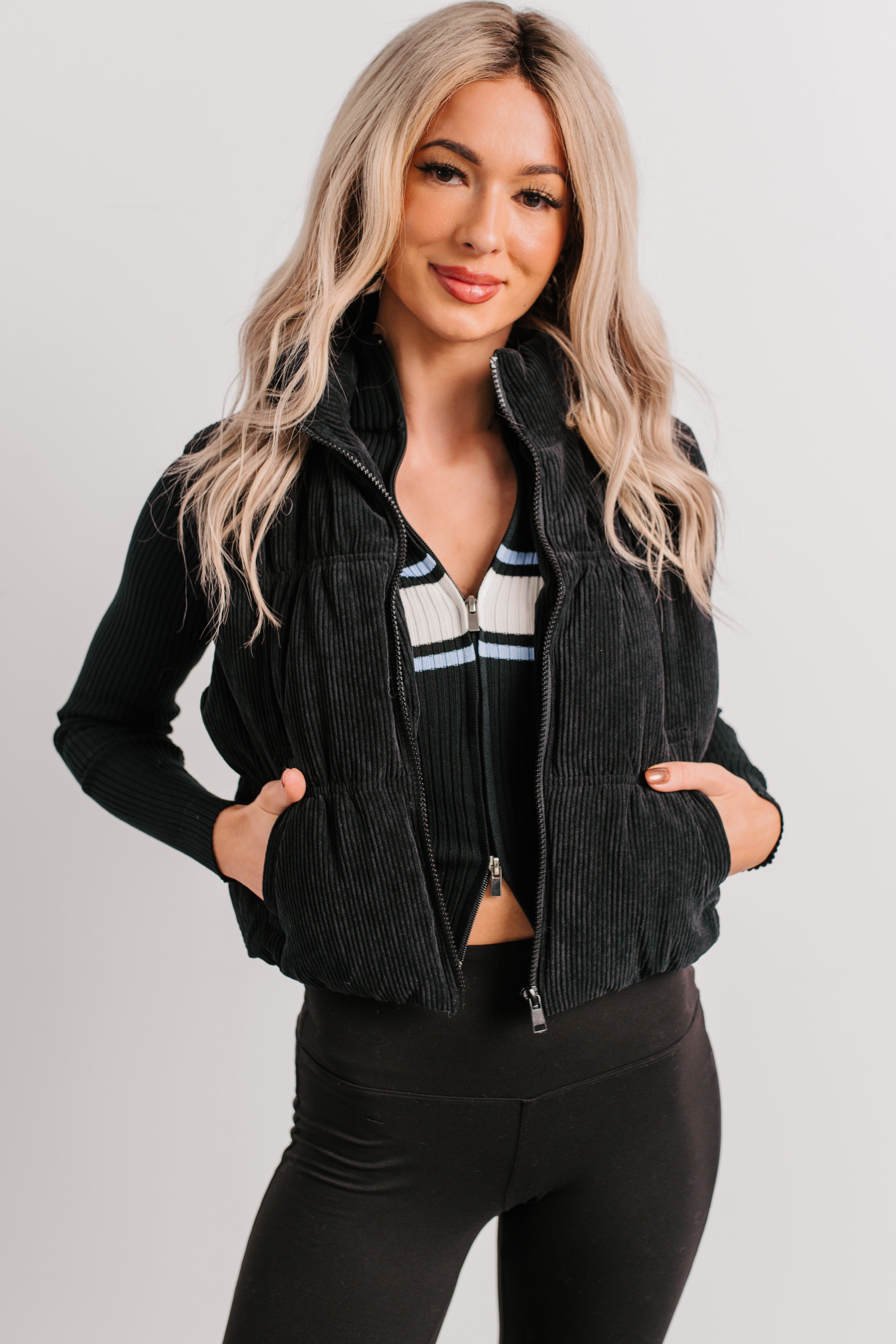Deep Connections Corduroy Puffer Vest (Black)-The Formal Wear