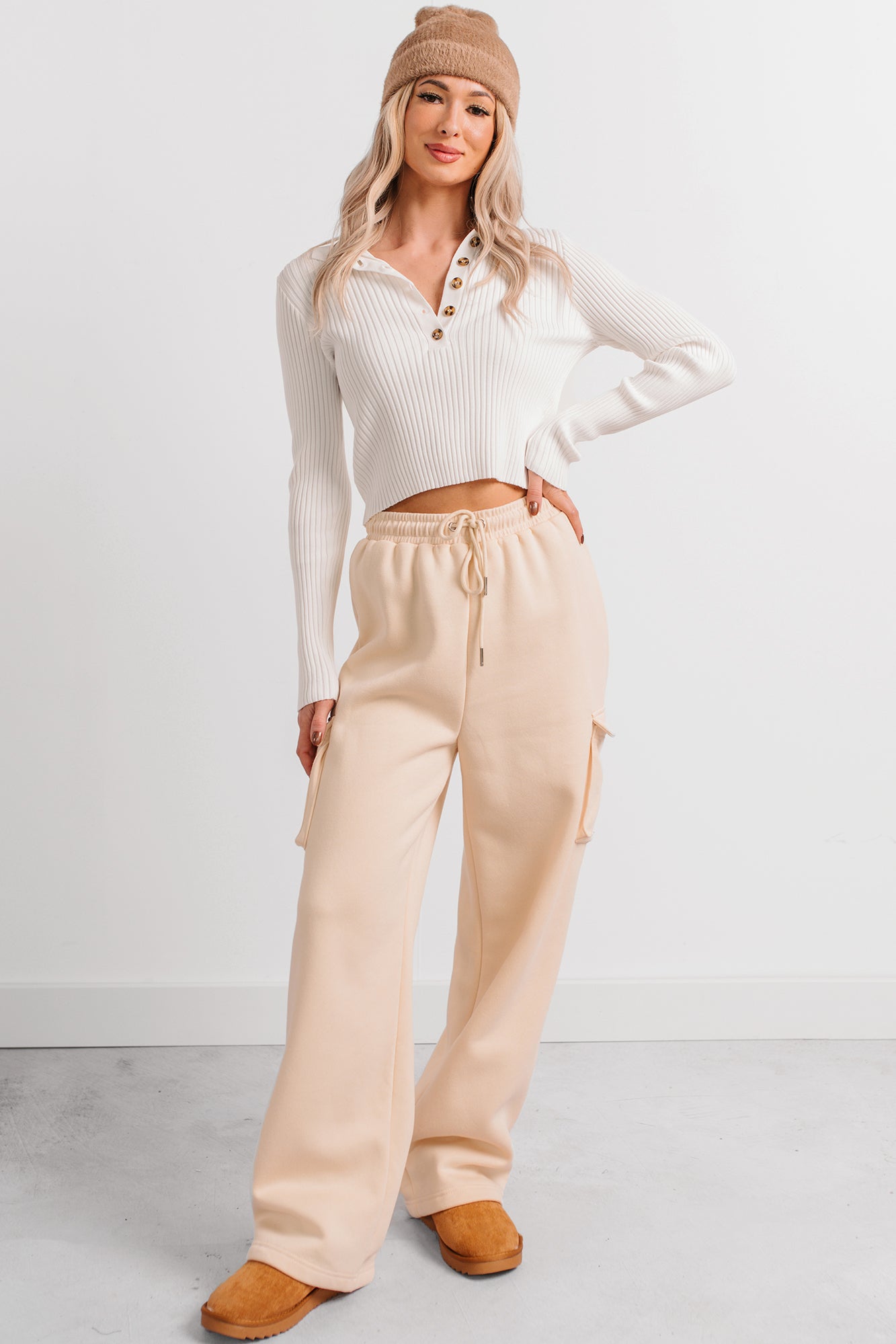 Daily Pause Wide Leg Cargo Sweatpants (Cream)-The Formal Wear