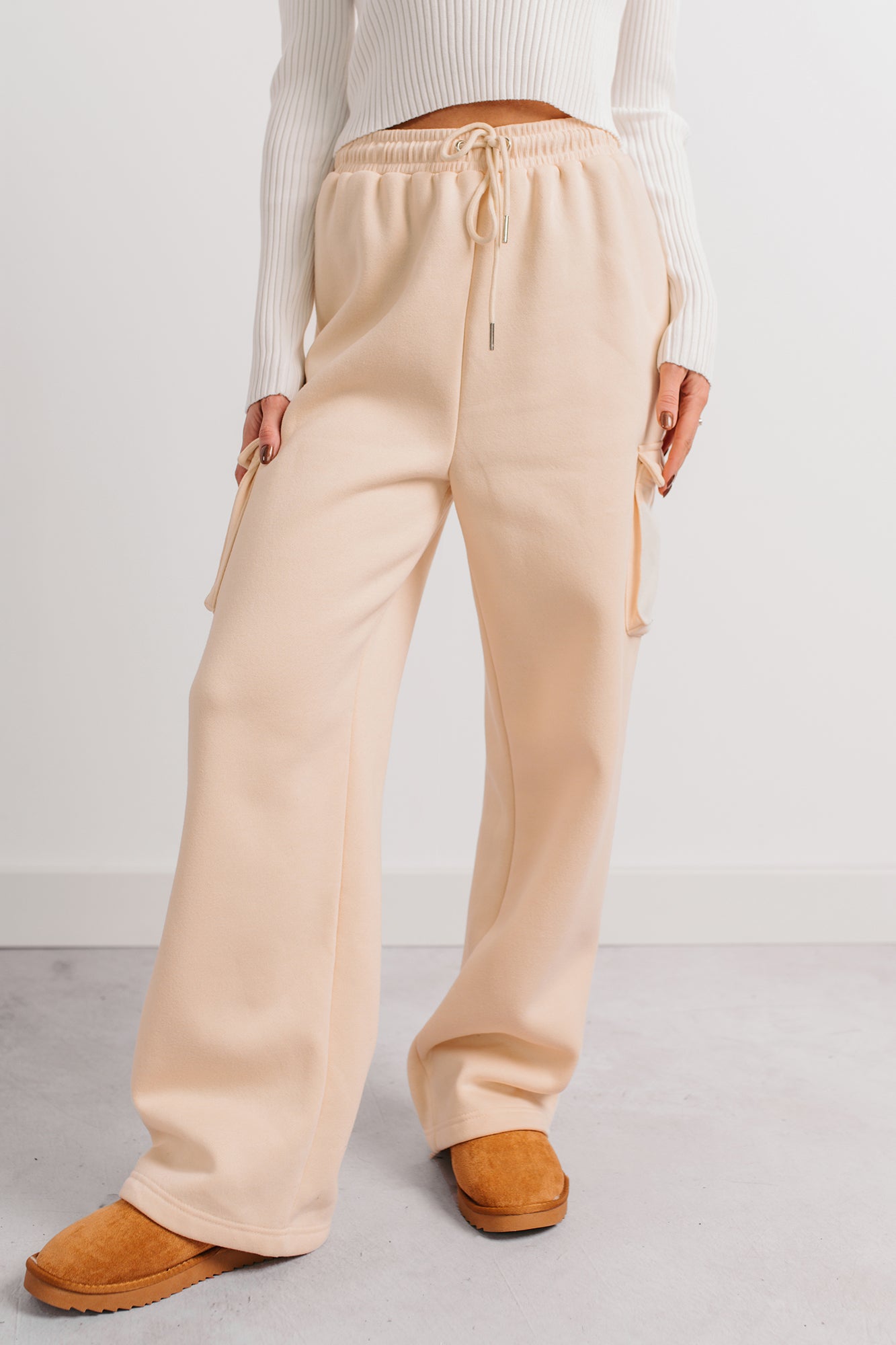 Daily Pause Wide Leg Cargo Sweatpants (Cream)-The Formal Wear