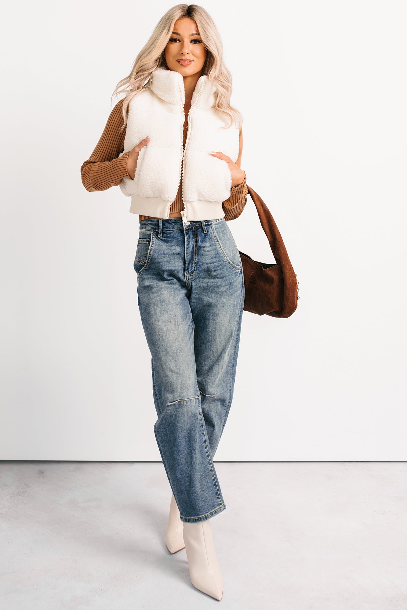 Midnight Frost Sherpa Puffer Crop Vest (Off White)-The Formal Wear