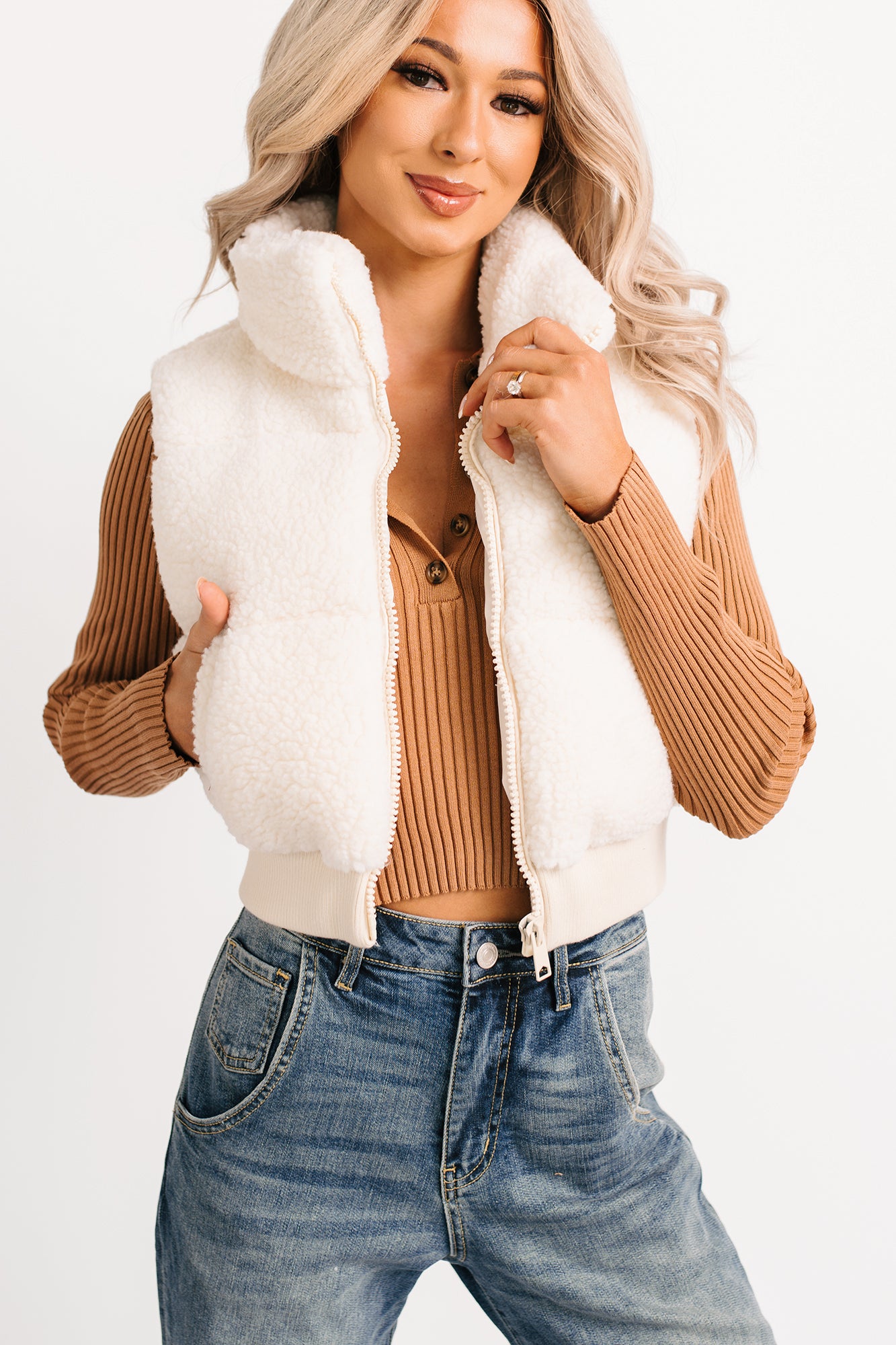 Midnight Frost Sherpa Puffer Crop Vest (Off White)-The Formal Wear