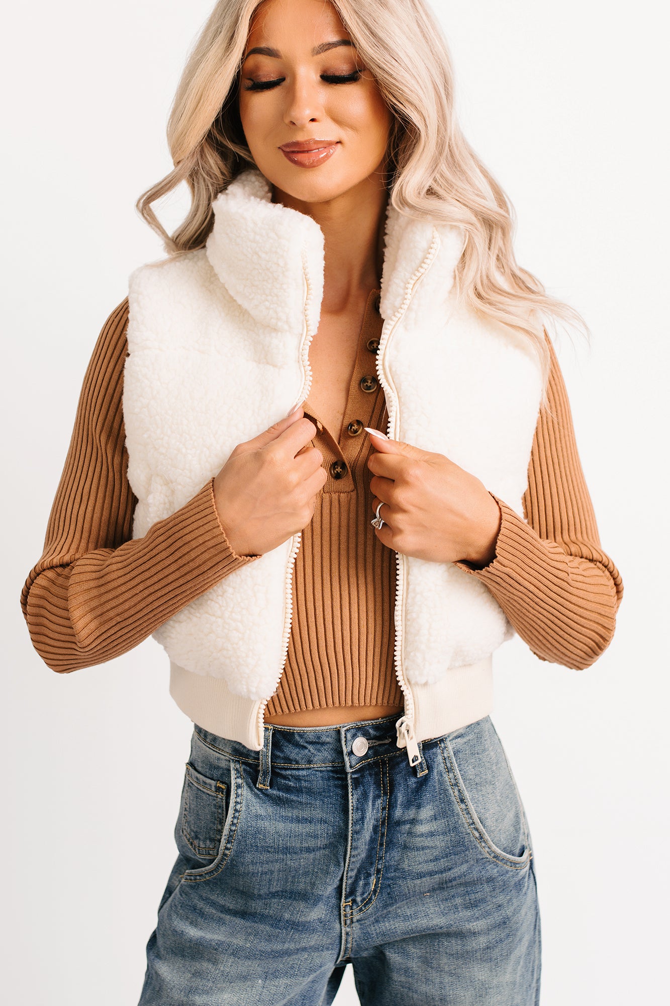 Midnight Frost Sherpa Puffer Crop Vest (Off White)-The Formal Wear