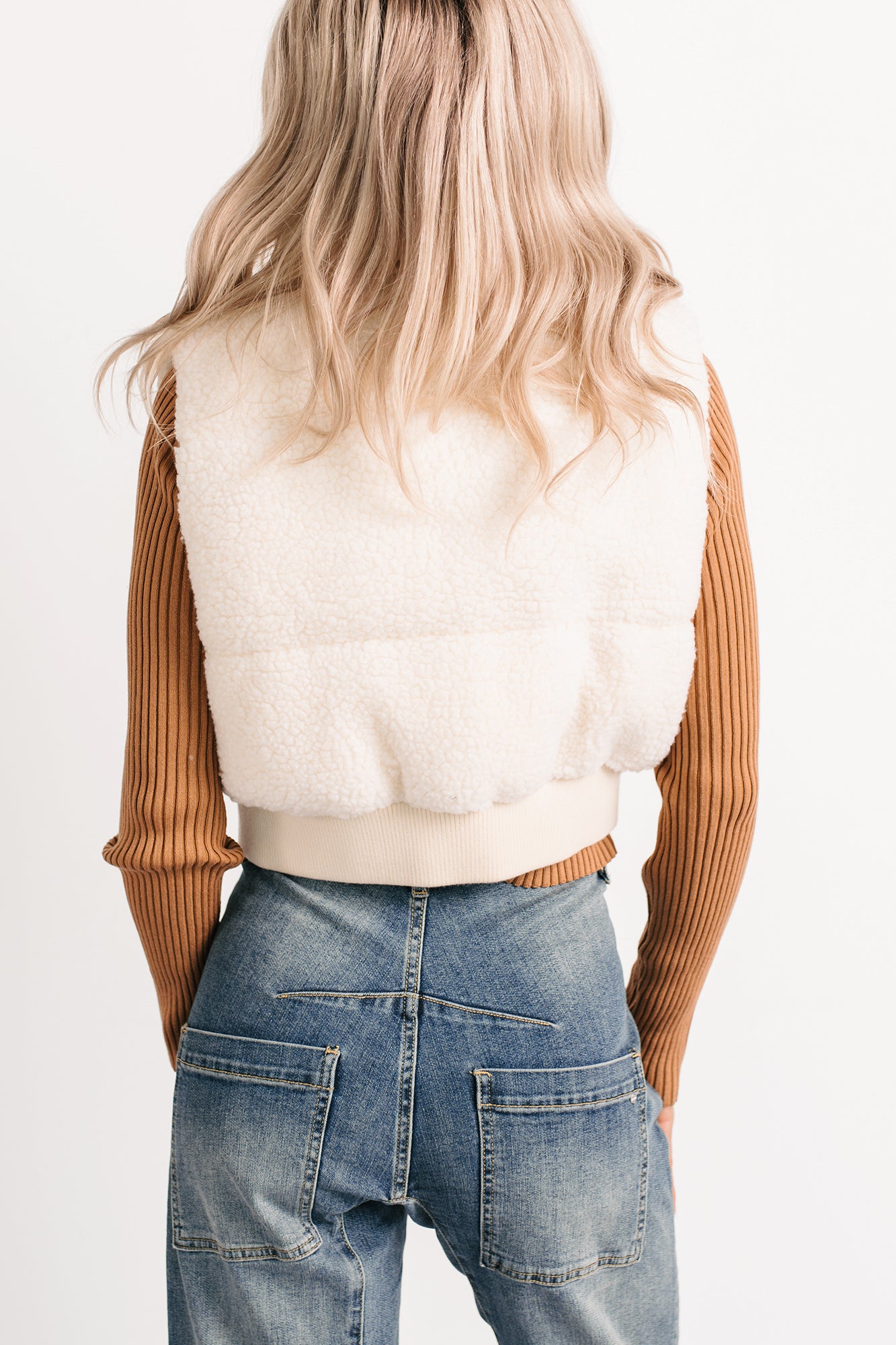 Midnight Frost Sherpa Puffer Crop Vest (Off White)-The Formal Wear