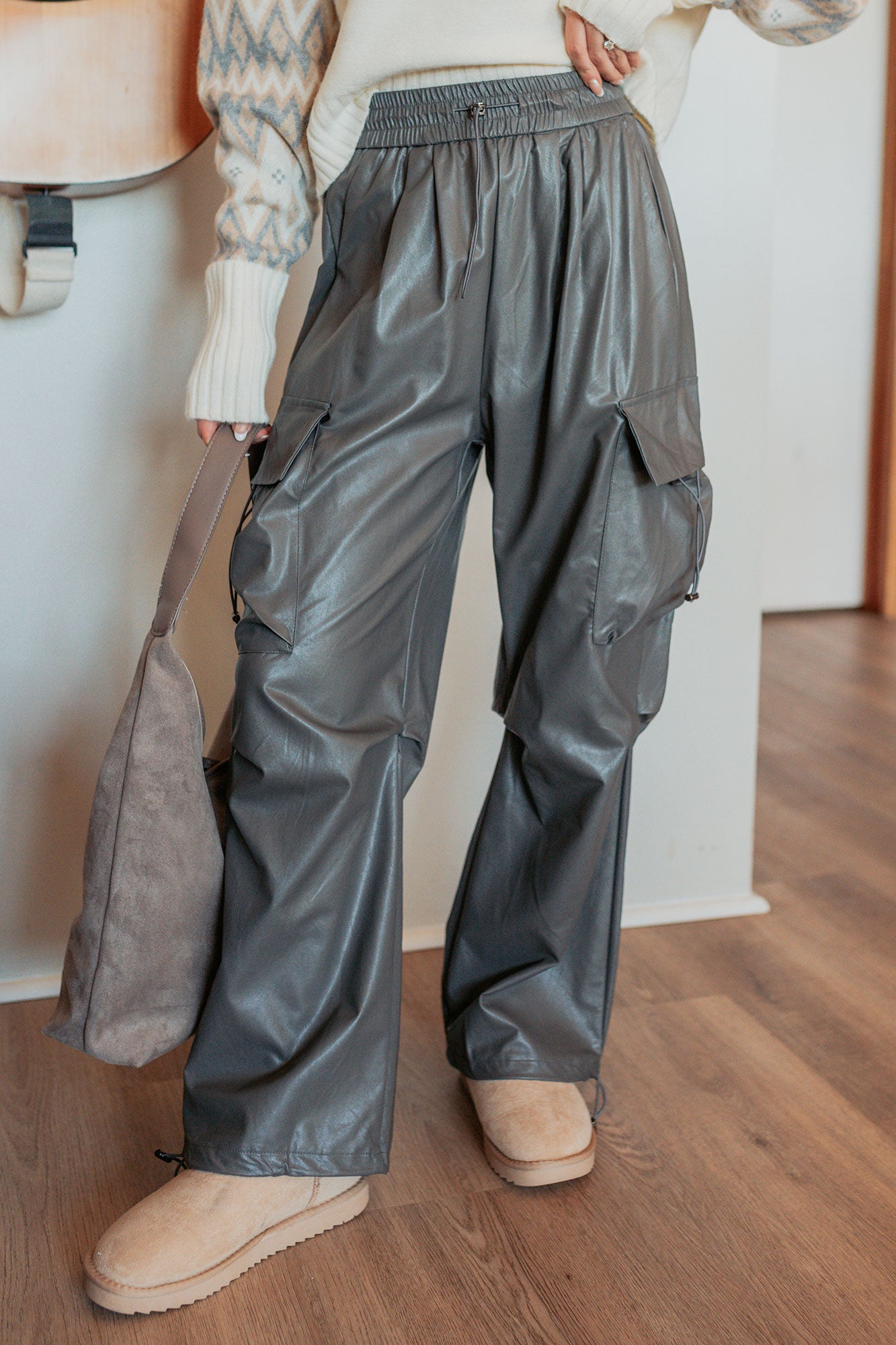 Don't Be Shy Faux Leather Cargo Pants (Grey)-The Formal Wear