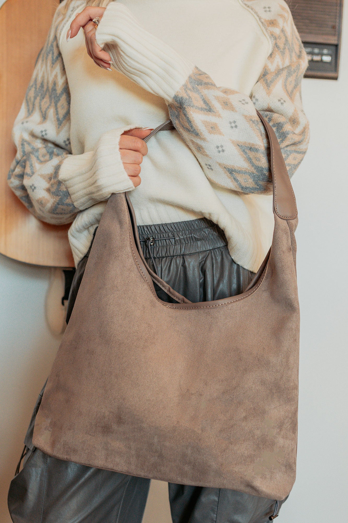 Plain Spoken Faux Suede Leather Trim Bag (Khaki)-The Formal Wear